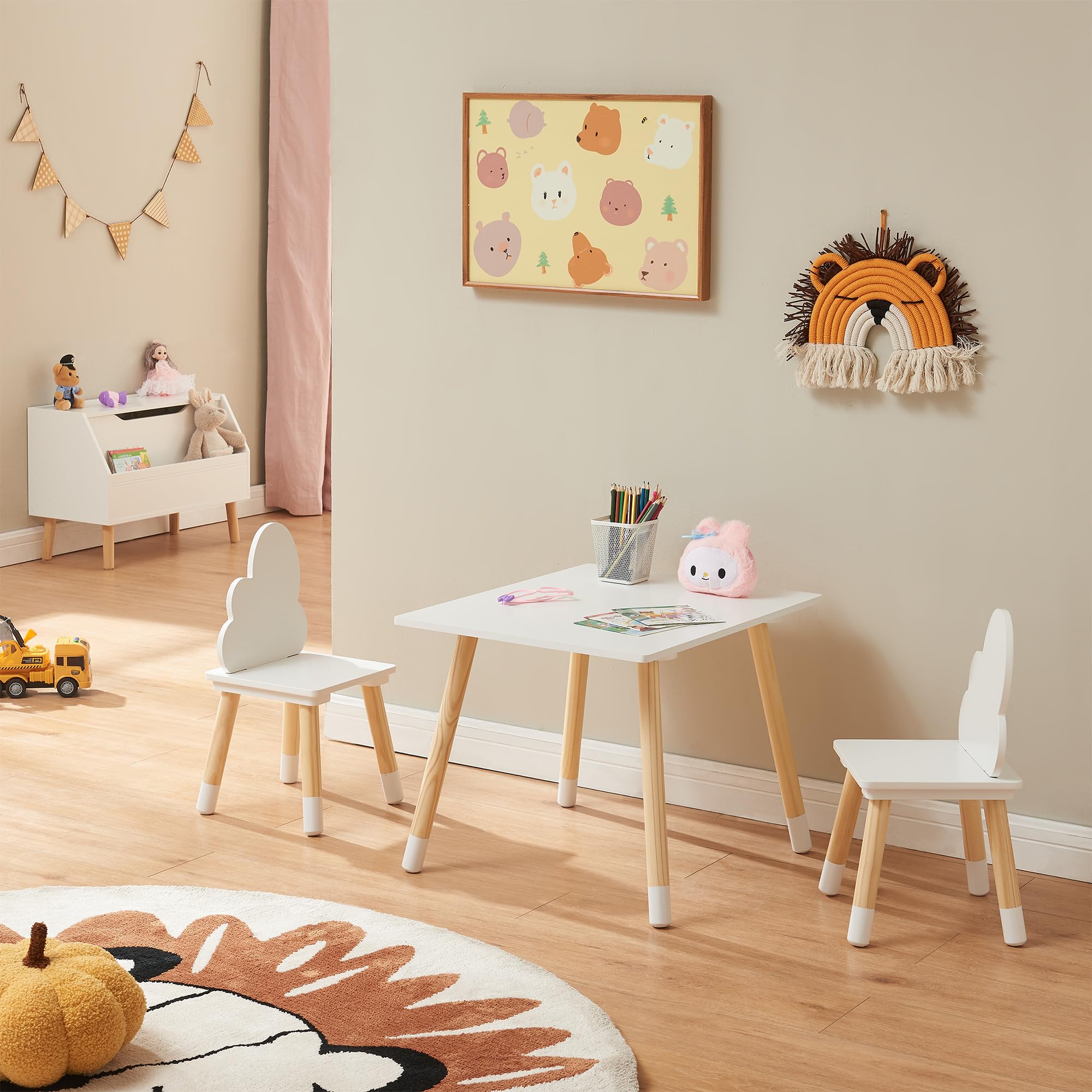 [en.​casa] Set di 3 Mobili per Bambini Tavolino e 2 Sedie con Schienale a Forma di Nuvola per Cameretta Area Gioco Tavolo Rettangolare a Misura di Bimbi - Bianco/​Naturale