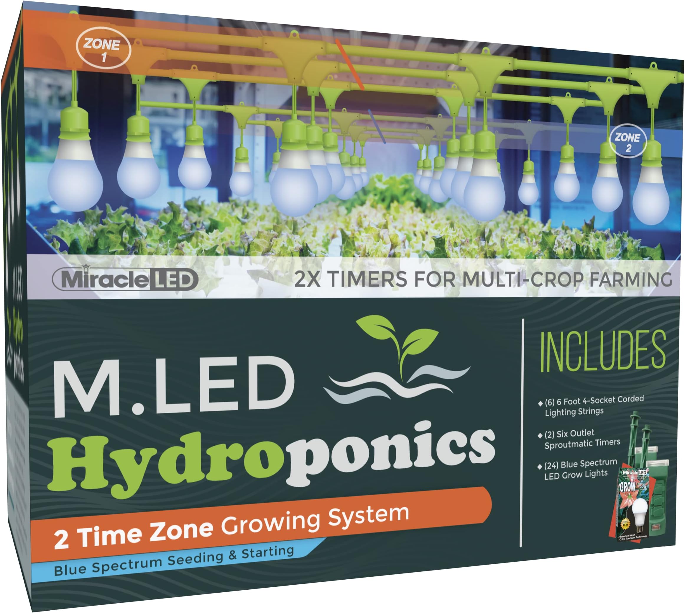 Miracle LED 2-Time Zone Hydroponics MLED Indoor Growing System - Includes 8 Absolute Daylight Blue Spectrum 100W Replacement Grow Lights & 2 4-Socket Corded Fixture with 2 SproutMatic Timers (3-Pack)