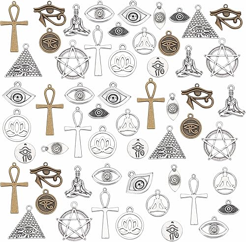 PH PandaHall Dijes de cruz de 14 estilos, 56 dijes de loto de yoga de estrella de David, ojo malvado, ojo de caballo, ojo egipcio, dije de aleación
