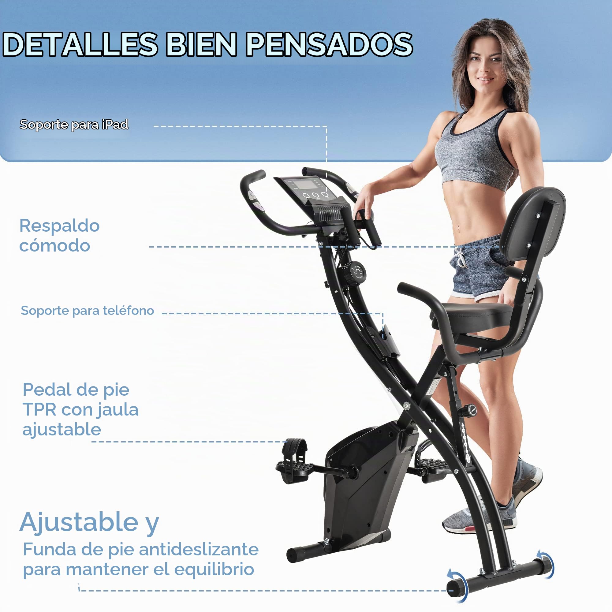 HOMCOM Bicicleta Estática Plegable 3 en 1 con Respaldo para Casa Negro | 8 Niveles Resistencia Magnética, Ajustable, Monitor LCD, Volante Banda, Sensor de Pulso, Soporte de Teléfono