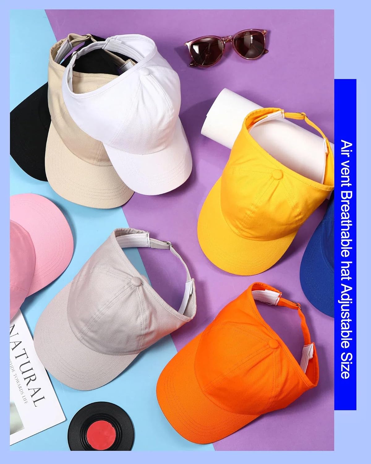 Jiuguva 8pcs Ponytail Hats for Women Backless Baseball Hats Adjustable Caps for Sun Visor Messy Bun Curly Hair