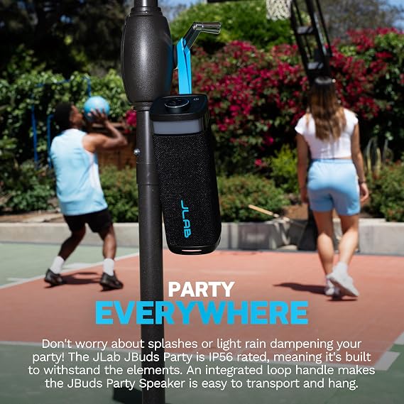 JLab, JBuds Party, Portable Bluetooth Speaker, IP56 Waterproof, Multi-Speaker Connect, RGB Lighting, Black