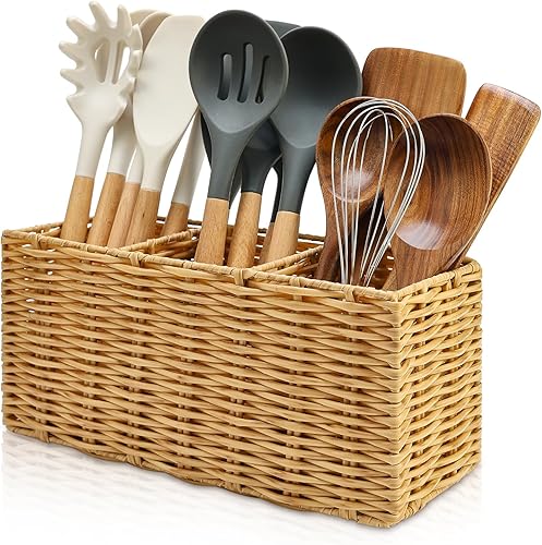 Miniatura 8 de Ayiaren Cubiertos de mimbre para cubiertos, organizador de cubiertos de cocina, organizador de cubiertos, contenedores de almacenamiento, cuchara,