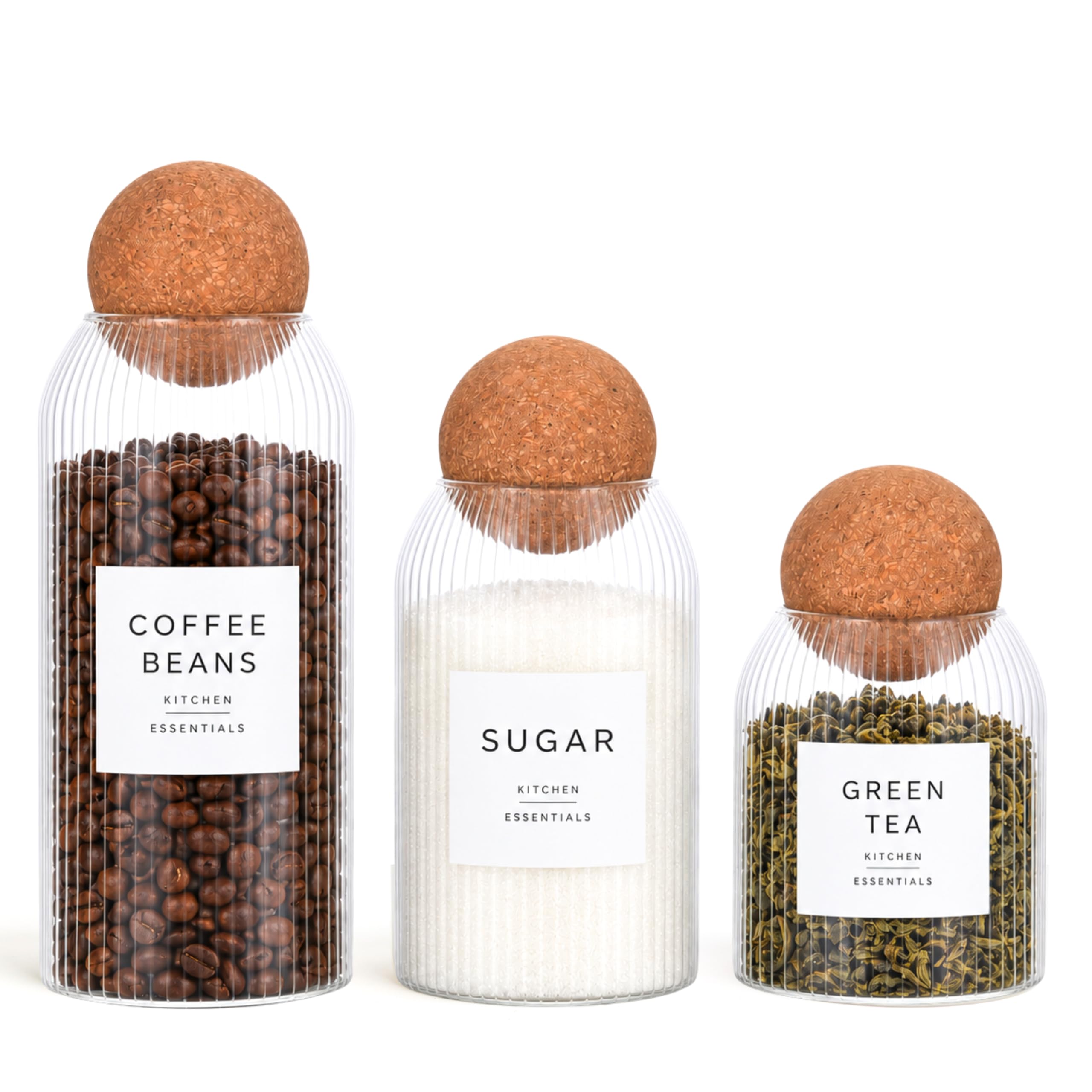 Livabl Ribbed Glass Jars with Cork Ball Lids, Set of 3, Mixed Sizes