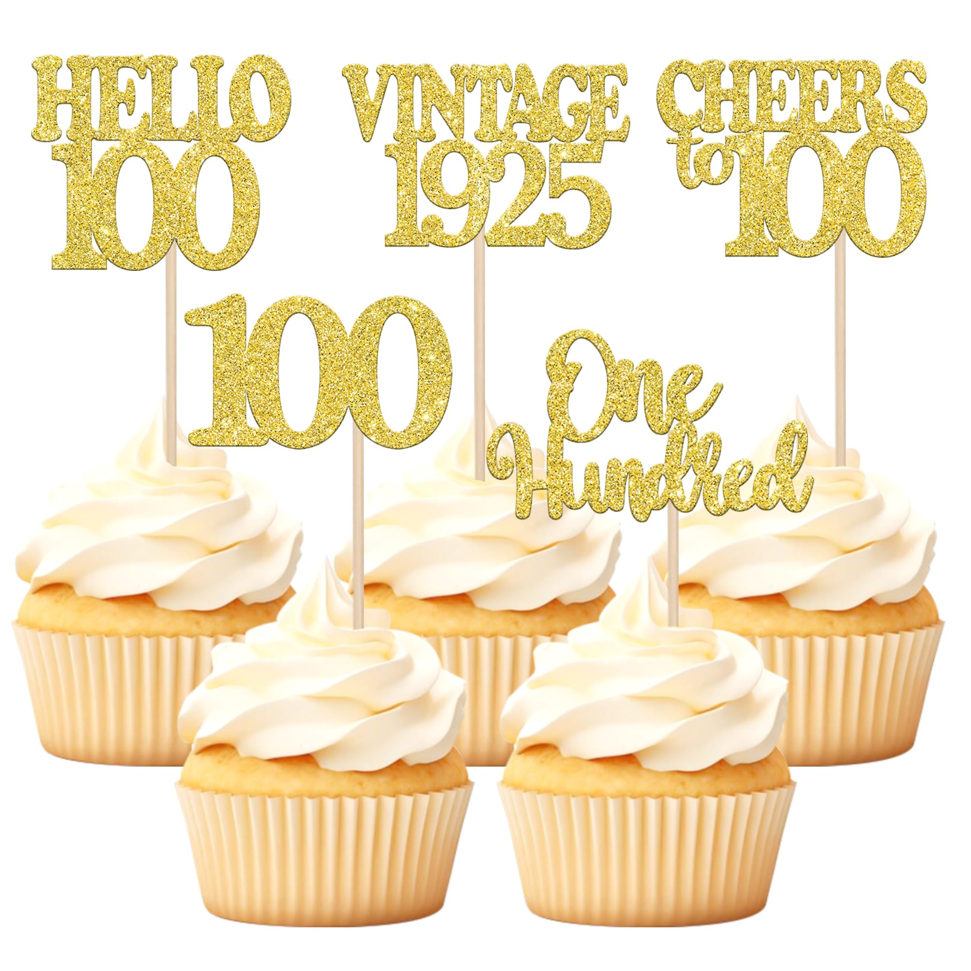 30PCS Happy 100th Birthday Cupcake Toppers Glitter Hello 100 One Hundred Vintage 1925 Cupcake Picks Cheers to 100 Birthday Party Decorations for 100th