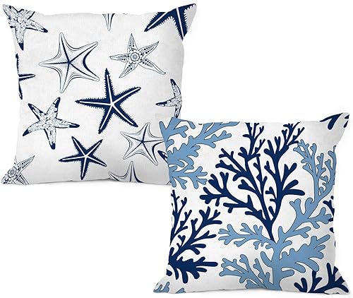 Funda de almohada de 18 x 18 pulgadas (juego de 2) funda de almohada de playa náutica costera azul marino con estrellas de mar y coral, decoración disponible en Yaxa Peru