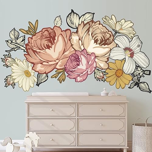 Miniatura 1 de Calcomanía de pared floral grande con flores retro, calcomanías de vinilo extraíbles, murales de pared para niños, guardería, niñas, dormitorio,