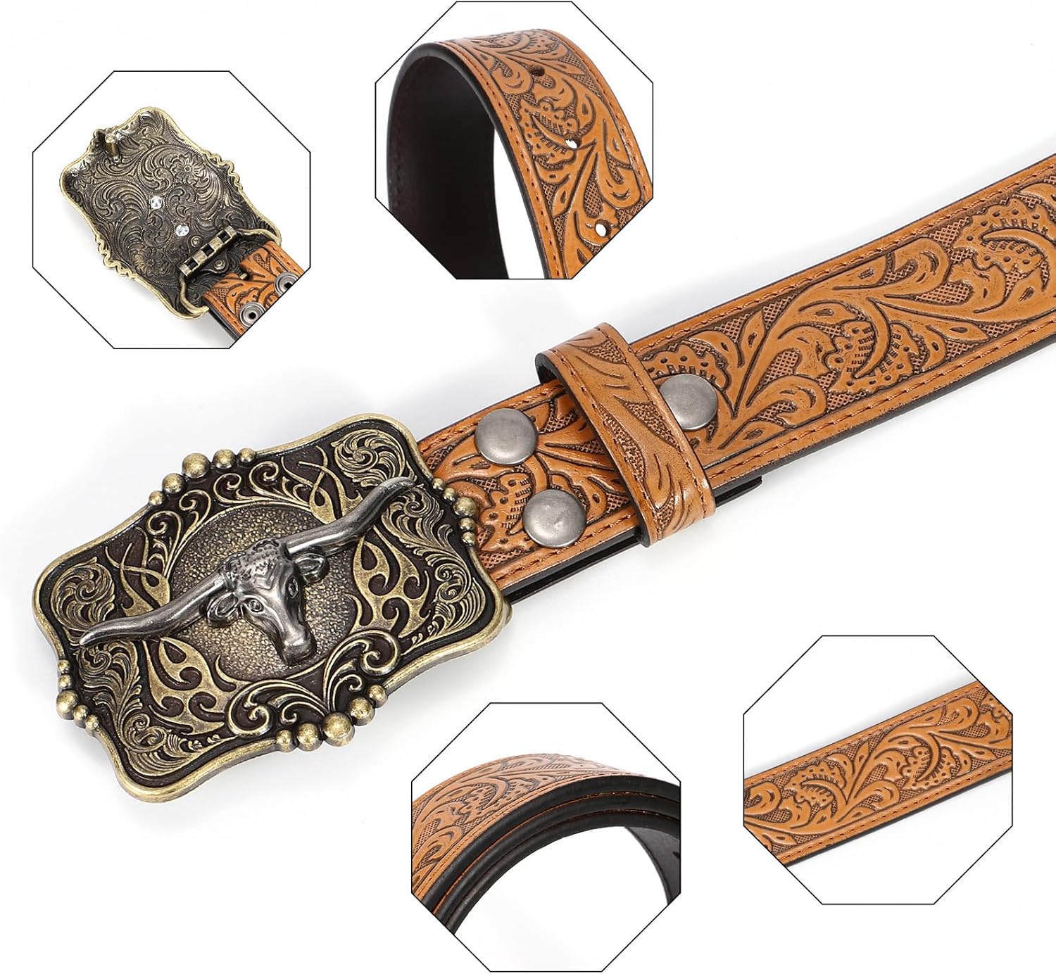 Cowboy Cowgirl Belt Western Belts for Men Women Floral Engraved Longhorn Bull Buckle Belt for Jeans - Image 8