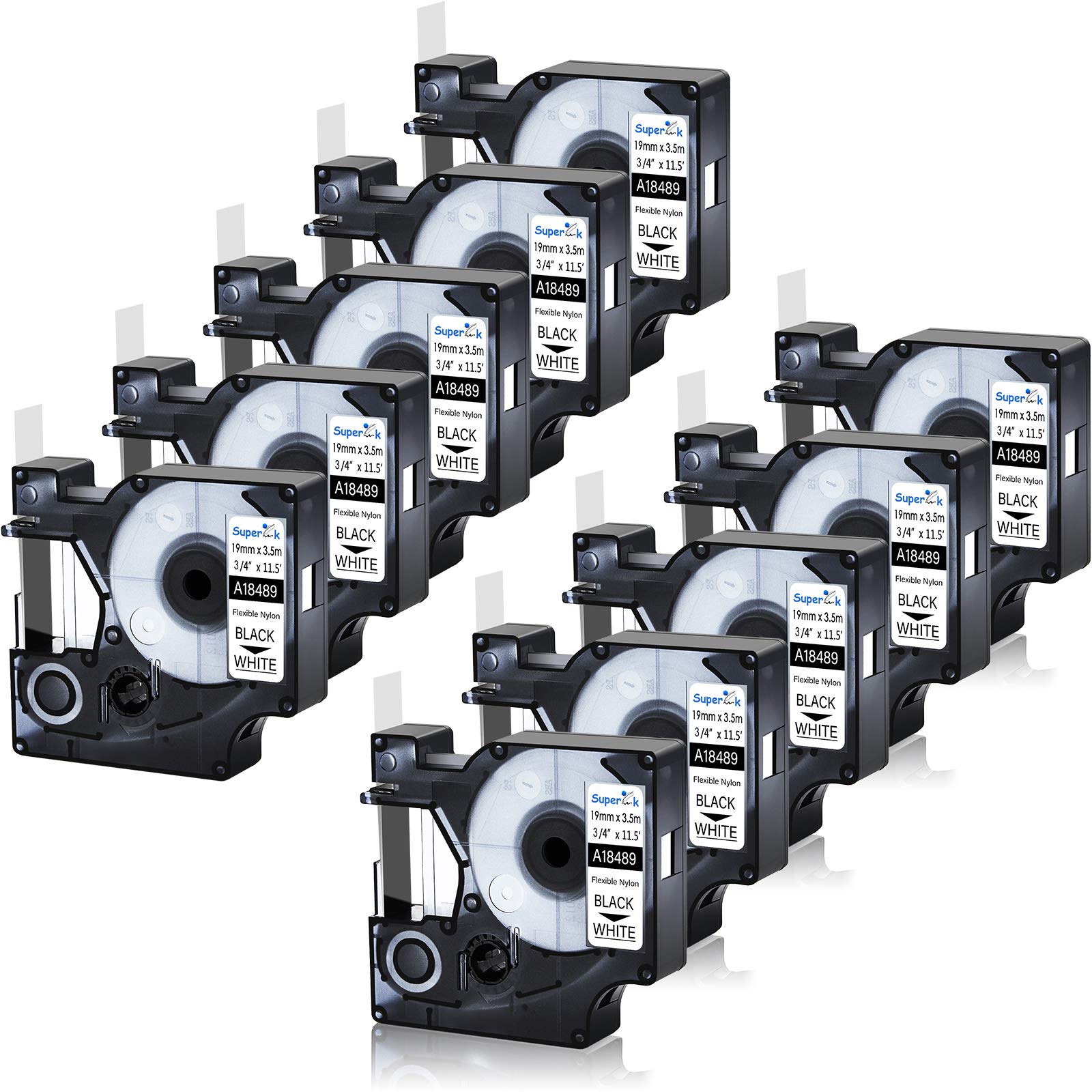 SuperInk 10 Pack 19mm Rhino Flexible Nylon Labels Compatible for Dymo Industrial 18489 Black on White Label Tape 3/4'' x 11.5ft for Cables Wires work in Rhino 4200 5200 6000 3M PL200 PL300 Label Maker