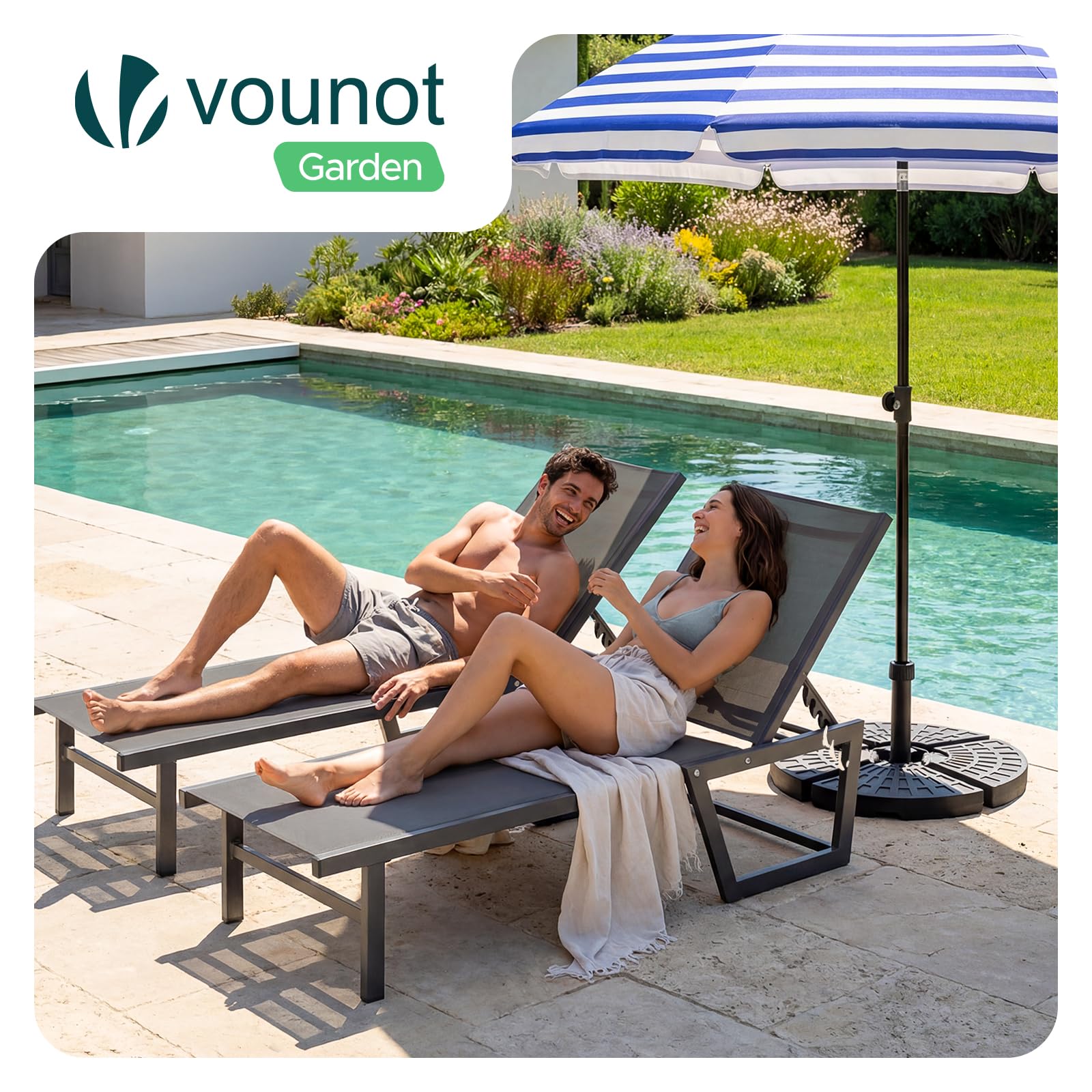 vounot® Lot de 2 Bain de Soleil en Textilène Structure en Aluminium Inclinable Chaise Longue 5 Positions Transat Charge Max 180KG pour Jardin Terrasse Piscine Plage Camping Gris