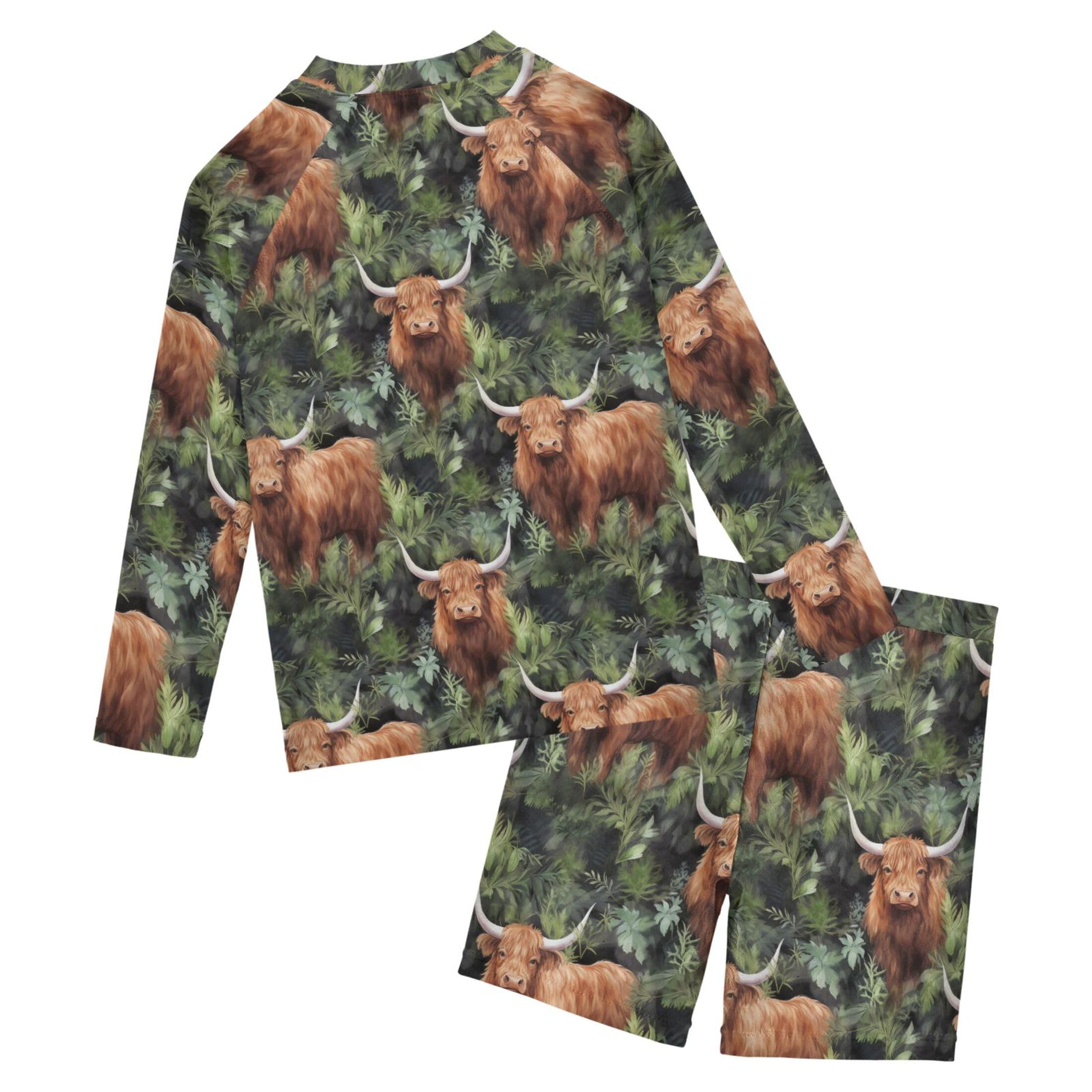 Highland Cow Forest Boys Rash Guard Swimsuits Set for Boys Long Sleeve Swim Shirts Bathing Suits B0403032