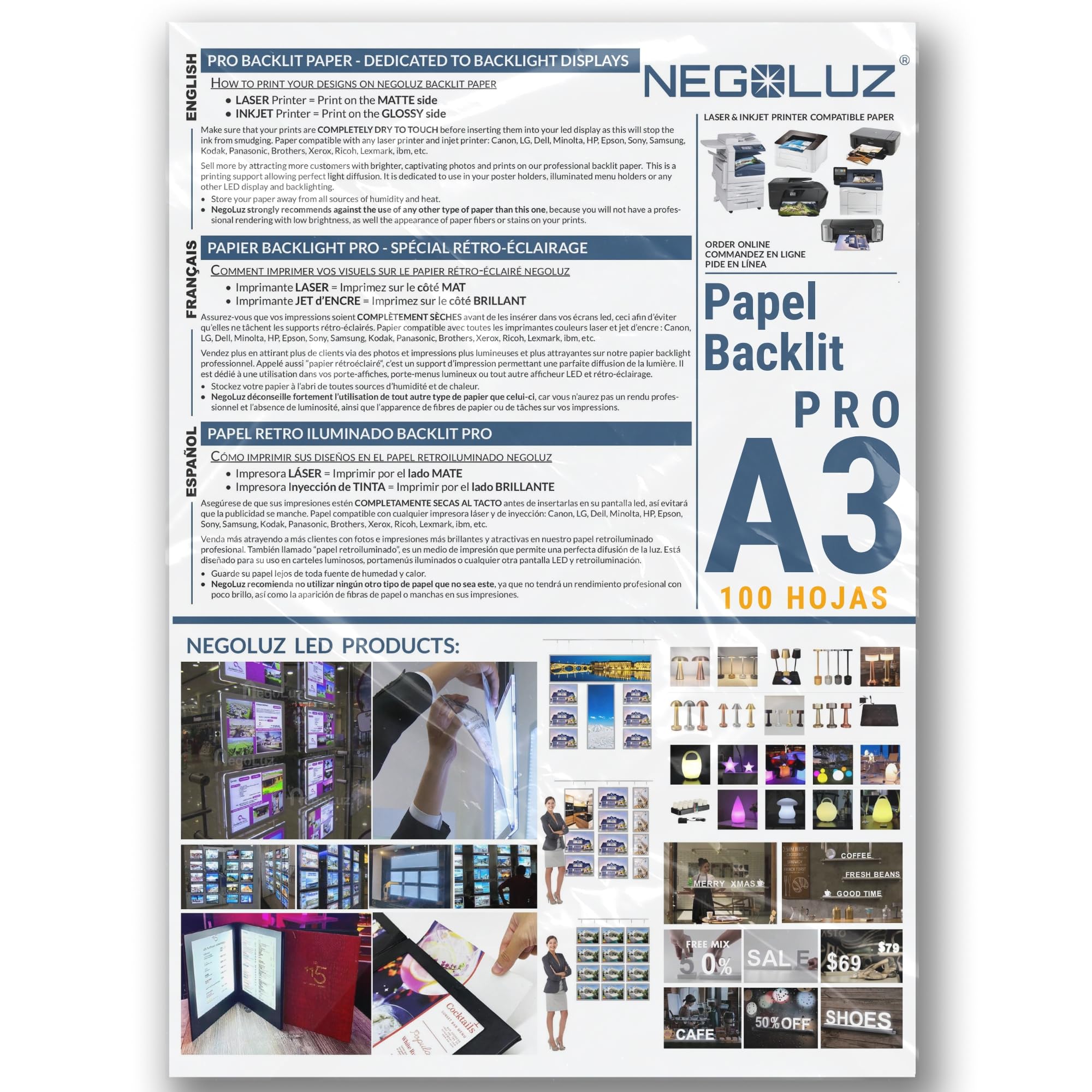 Papel Retroiluminado A3 PRO (100 Hojas) para Caja de Luz LED, Portamenú Luminoso, Escaparate LED. Papel Backlit NegoLuz® para uso Profesional, Compatible con TODAS Impresoras Láser y Tinta
