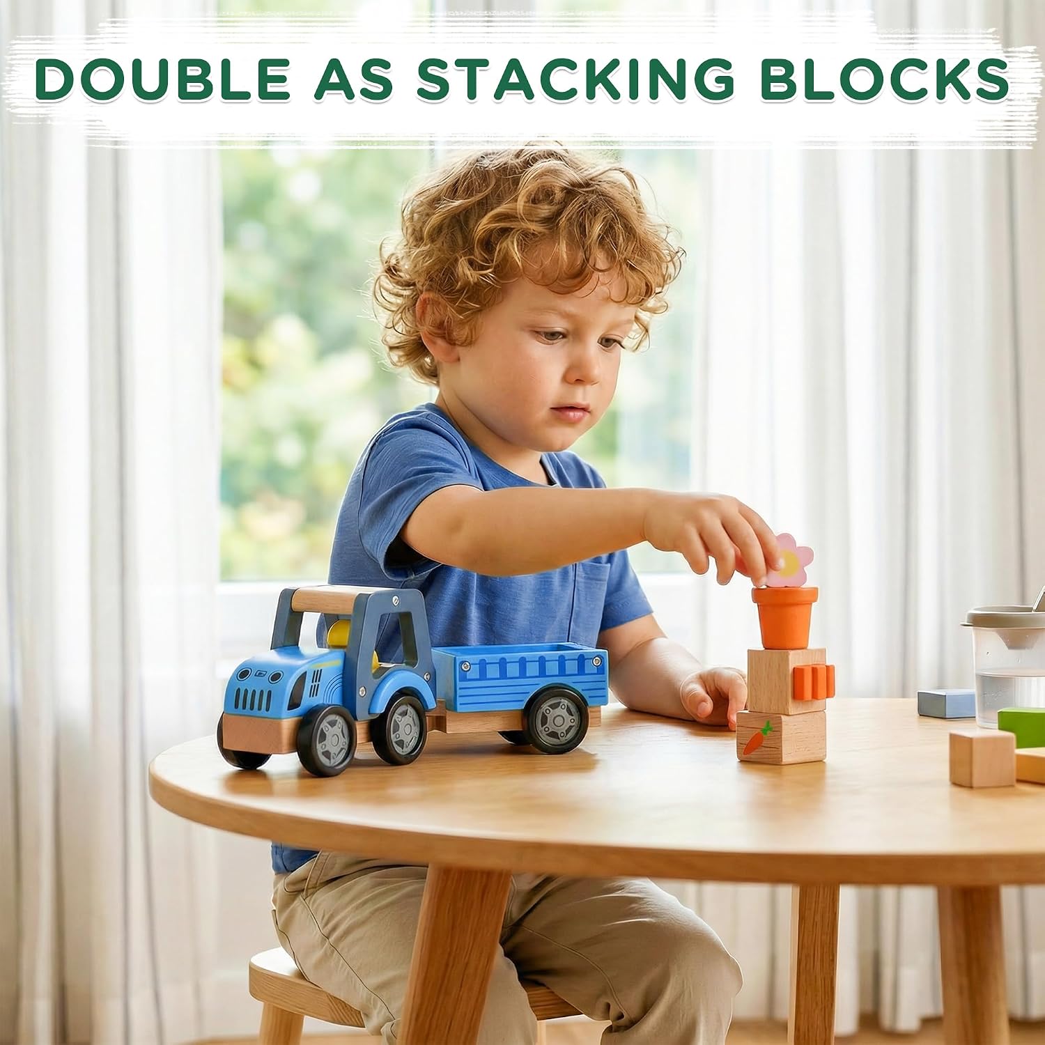 SainSmart Jr. Wooden Tractor Toys for Toddlers 1-3, Farm Tractor Toy with Detachable Trailer | Solid Wood Construction, Hand Push Car Toys for 1 2 3 Year Old Boys Girls (Blue) image 4
