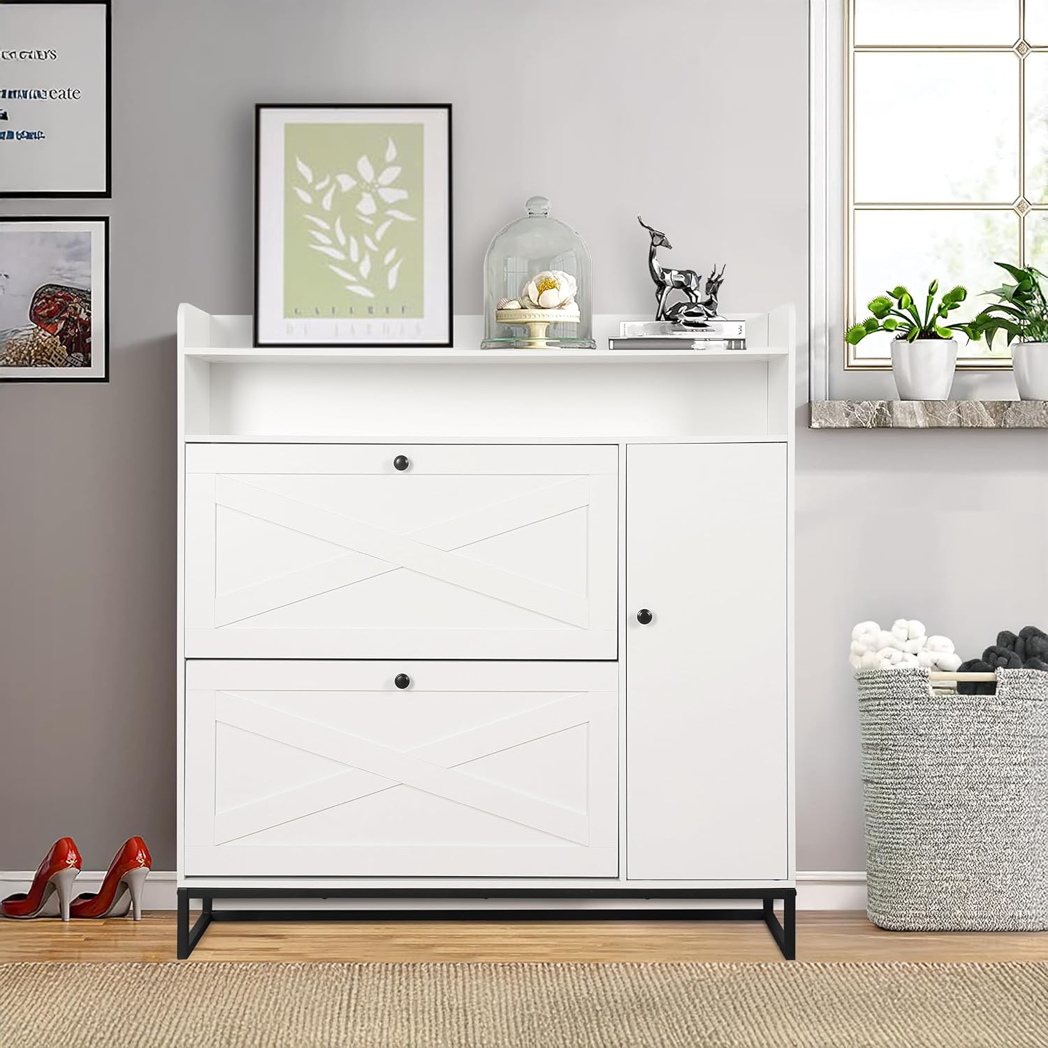 SunSettler Shoe Cabinet with 2 Flip Drawers, Farmhouse Style, Wood and Metal Legs, 43.3 x 9.5 x 45 Inch, Brown (White)