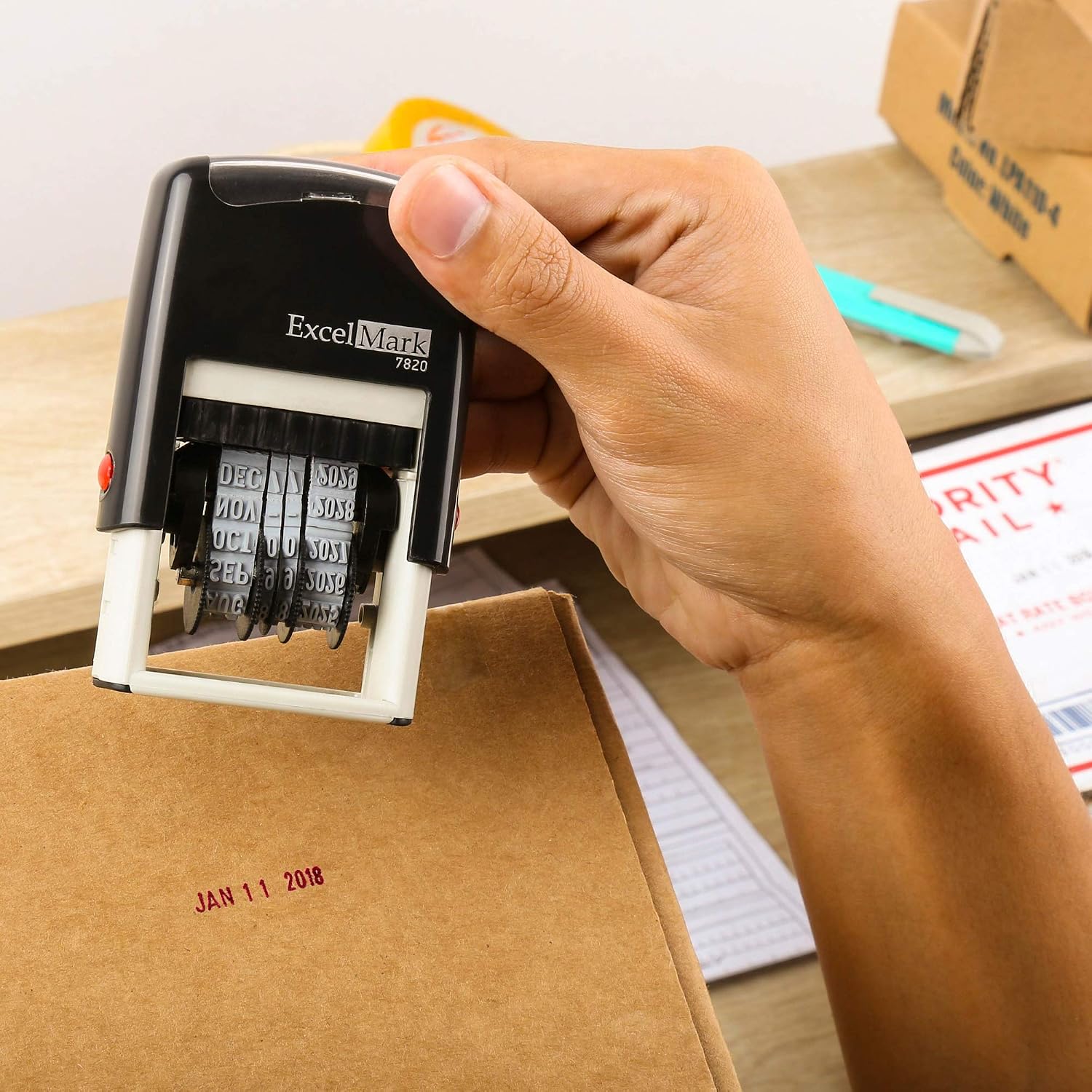 ExcelMark 7820 Self-Inking Rubber Date Stamp – Great for Shipping, Receiving, Expiration and Due Dates (Red Ink)
