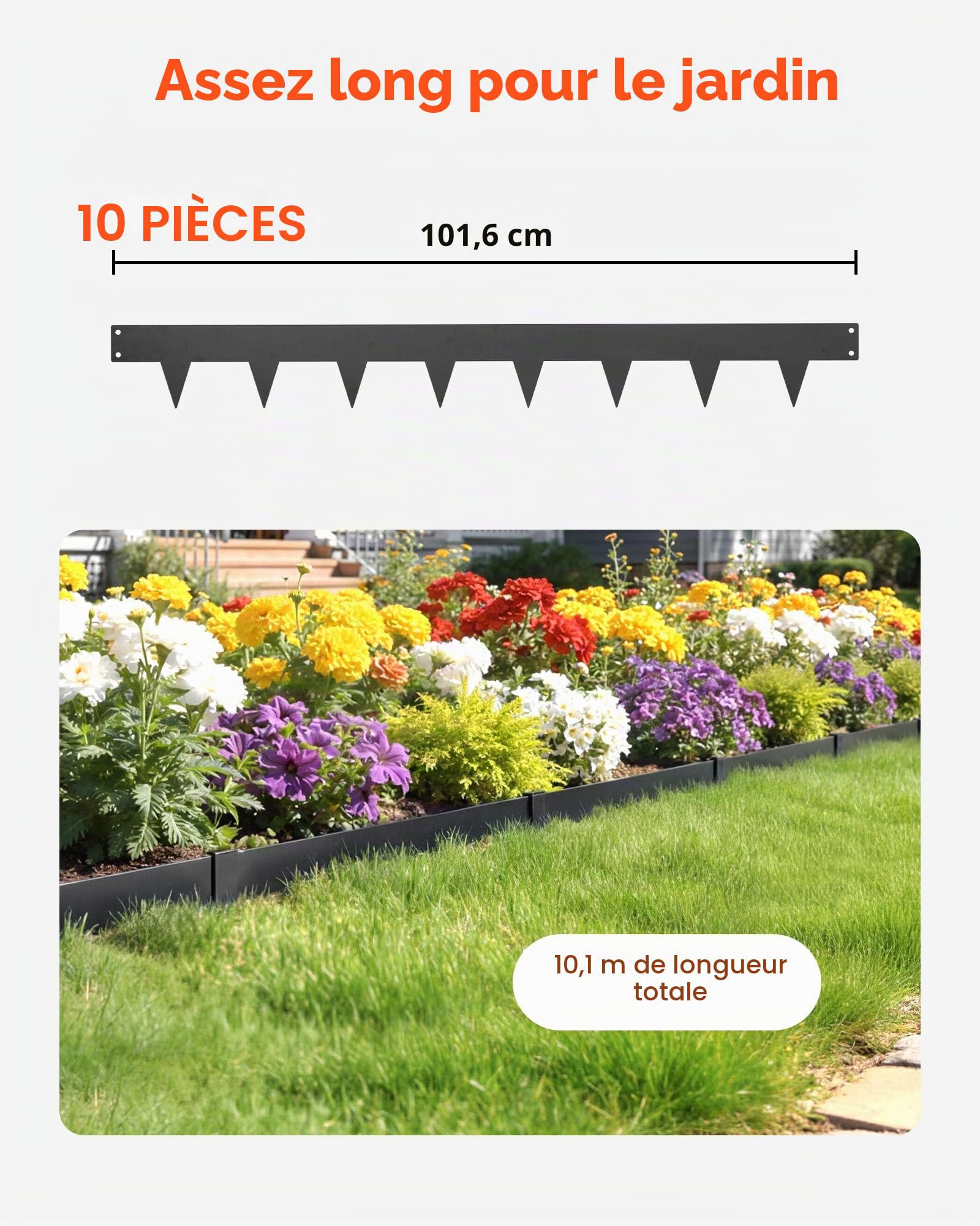 VEVOR Bordure de Jardin Métal 101,6x11,4 cm Bordure de Pelouse Acier Galvanisé Lot de 10 pour Massifs Fleurs, Allées, Délimitation Espace, Aménagement Paysager, Flexible, avec 11 Clips Fixation, Noir
