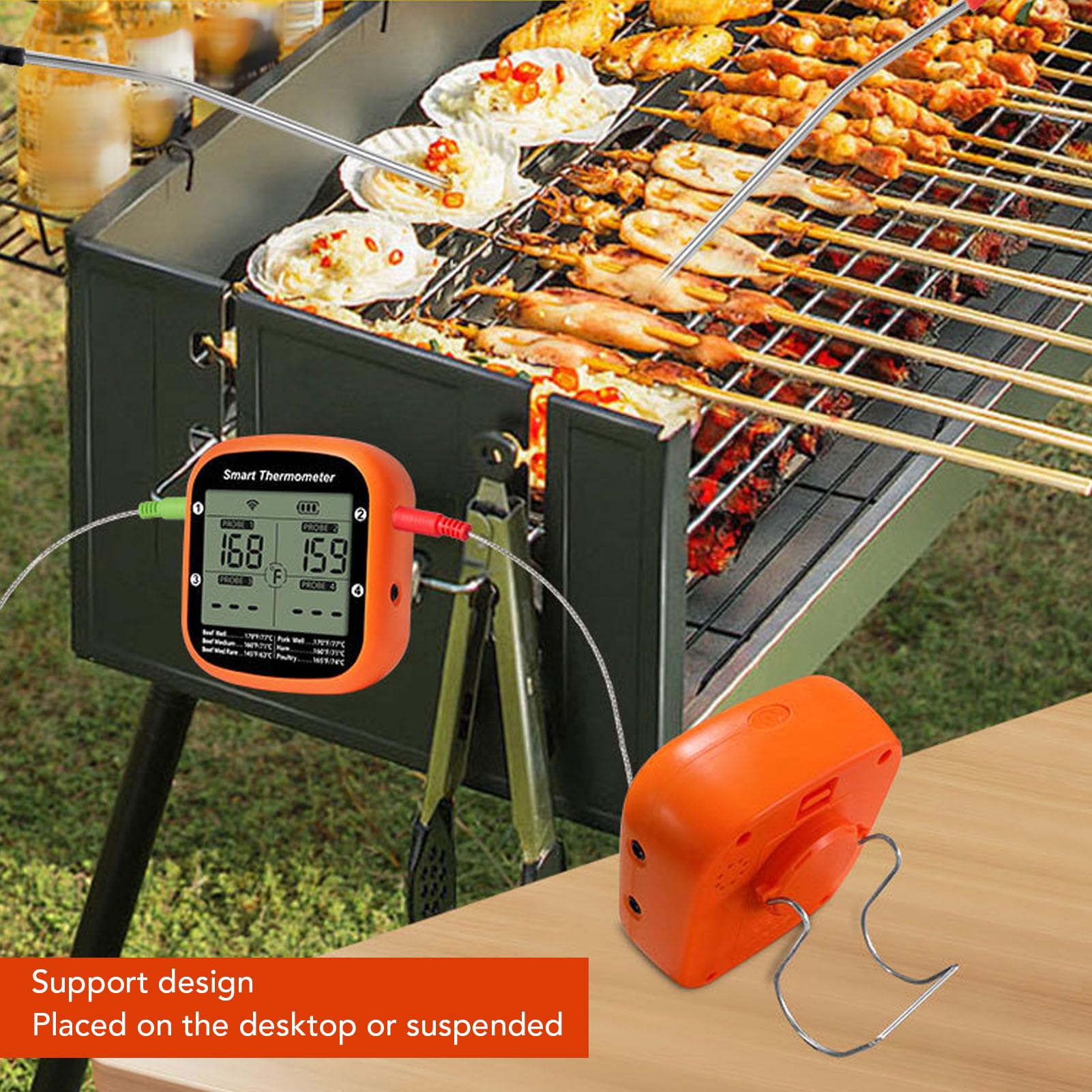 Termómetro Inalámbrico para Carne con 4 Sondas para Carne, Aplicación Bluetooth Inteligente, Control Remoto de Largo Alcance, Termómetro Digital LCD con Retroiluminación para