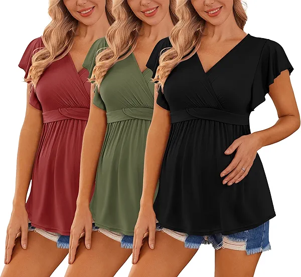 Ekouaer Maternity Shirts 3 Packs Flying Short Sleeve Nursing Tops Pregnancy Clothes
