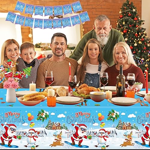 Miniatura 7 de Mantel de plástico con texto en inglés "Merry Christmas" de 3 piezas, mantel de plástico de Papá Noel, desechables, rectangulares, color azul y