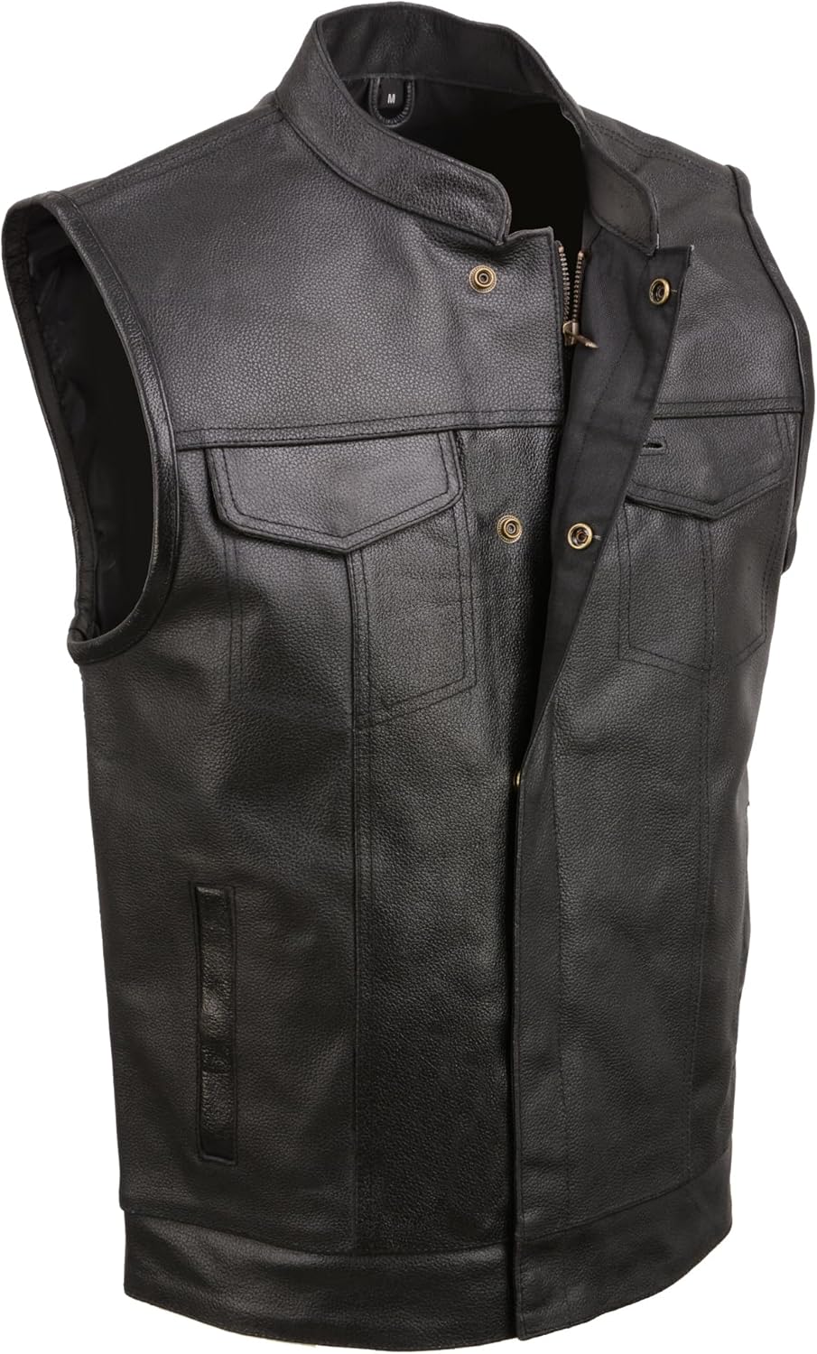 Mens Leather Club Style Vest W/Concealed Gun Pockets, Cowhide Leather Biker Vest, Single Panel Back