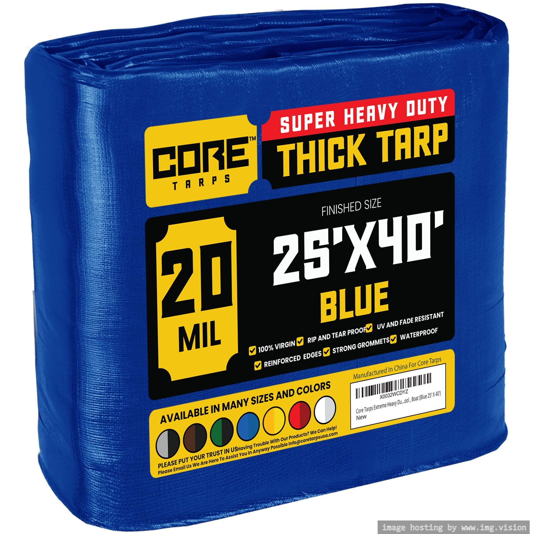 Core Tarps Extreme Heavy Duty 20 Mil Tarp Cover, Waterproof, UV Resistant, Rip and Tear Proof, Poly Tarpaulin with Reinforced Edges for Roof, Patio, Pool, Boat (Blue 25′ X 40′)