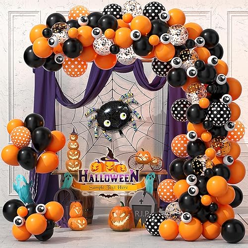 Halloween Balloon Arch Garland Kit Black Orange Confetti Balloons with Mylar Spider Balloon Eyeball Balloon for Kids Halloween Theme Party Background Classroom Decorations
