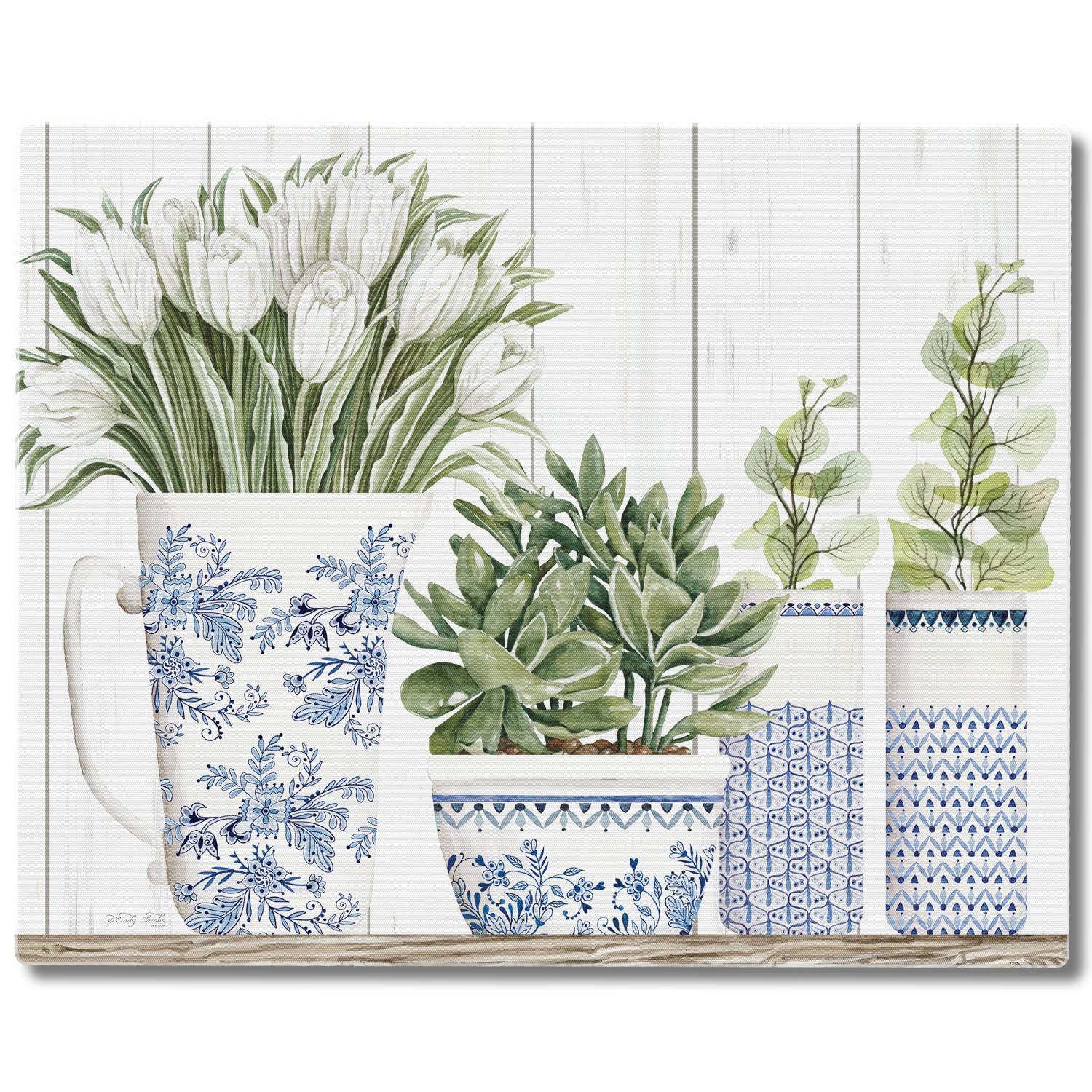 CounterArt Blue & White Pottery 3mm Heat Tolerant Tempered Glass Cutting Board 15” x 12” Manufactured in the USA Dishwasher Safe