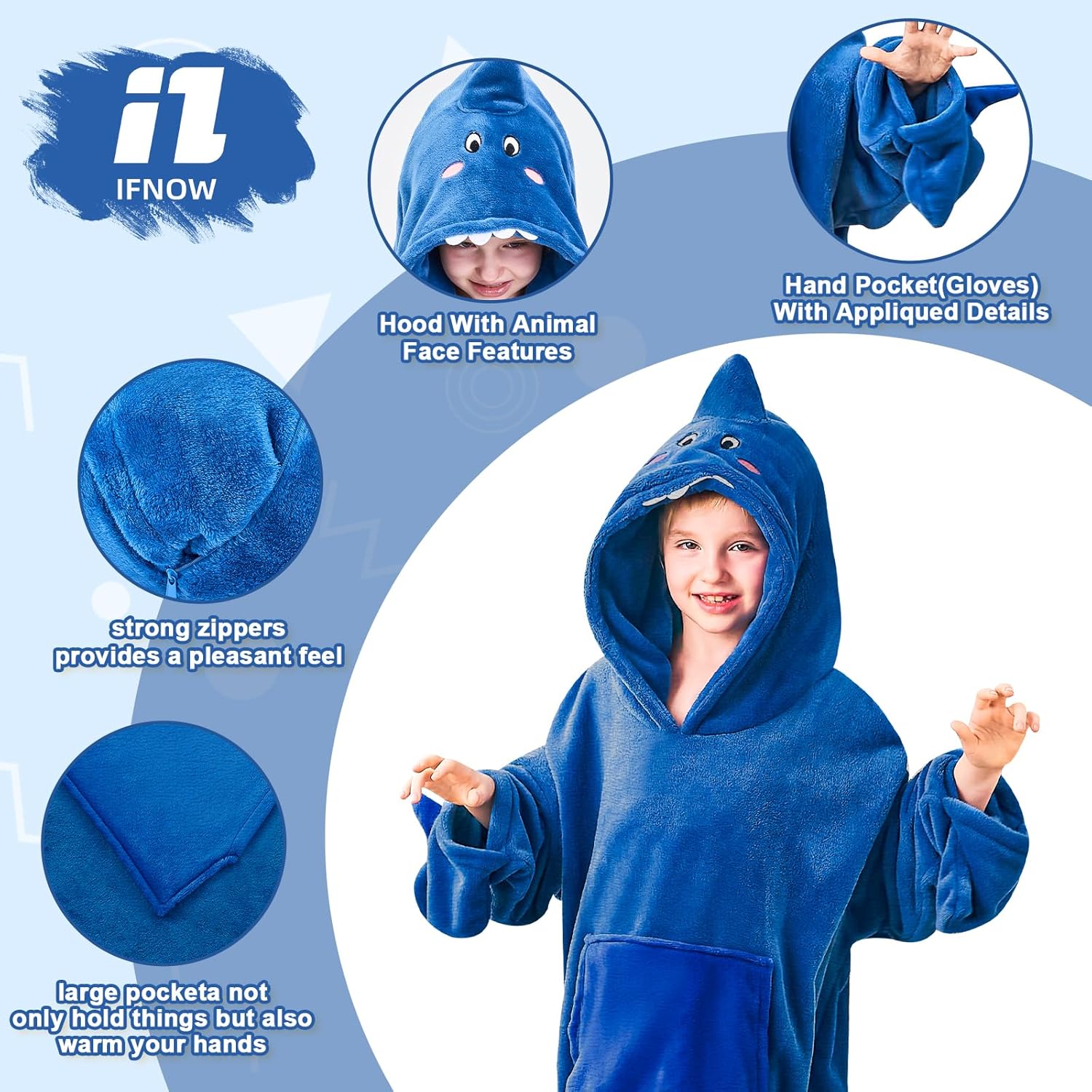 IFNOW Wearable Blanket Hoodie Kids, Oversized Fleece Blanket Sweatshirt Christmas Birthday Gifts for Boys, Girls, Teen Hoodie with Portable Foldable Blanket Pillow, Animal Embroidery 5-15 Years, Shark - Image 3