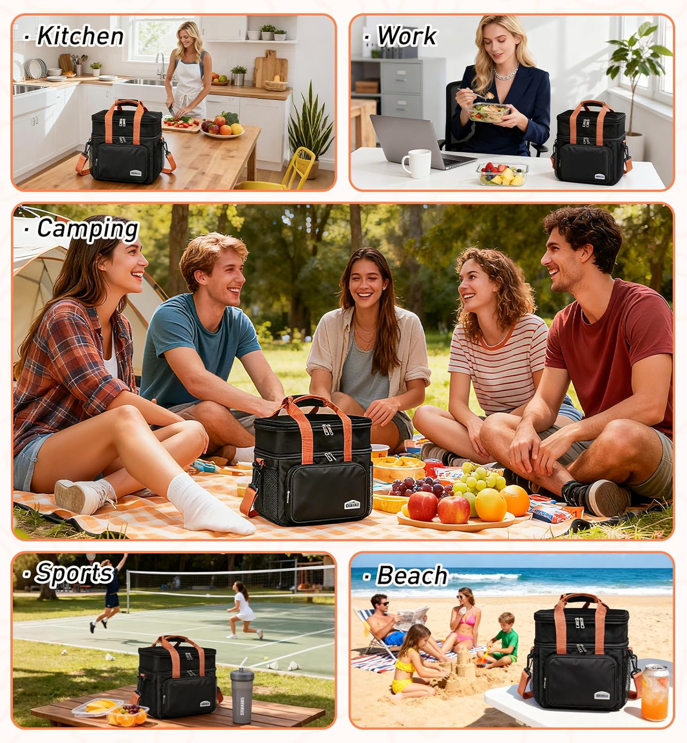 Double Deck Lunch Bag for Men Women 12 L Large Insulated Leakproof Lunch Box Soft and Durable Adult Lunch Cooler Bag Thermal Reusable Lunch Pail for Work Study Sports Travel Camping Beach (Black) - Image 7