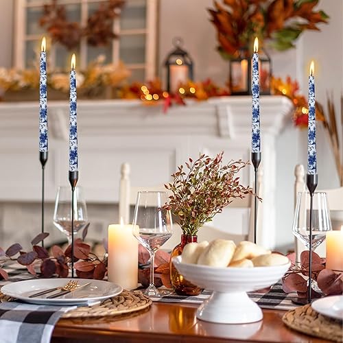 Miniatura 2 de Velas impresas azules y blancas sin perfume, velas de 10 pulgadas de alto, 2 velas cónicas hechas a mano para el hogar, boda, cena, fiesta de