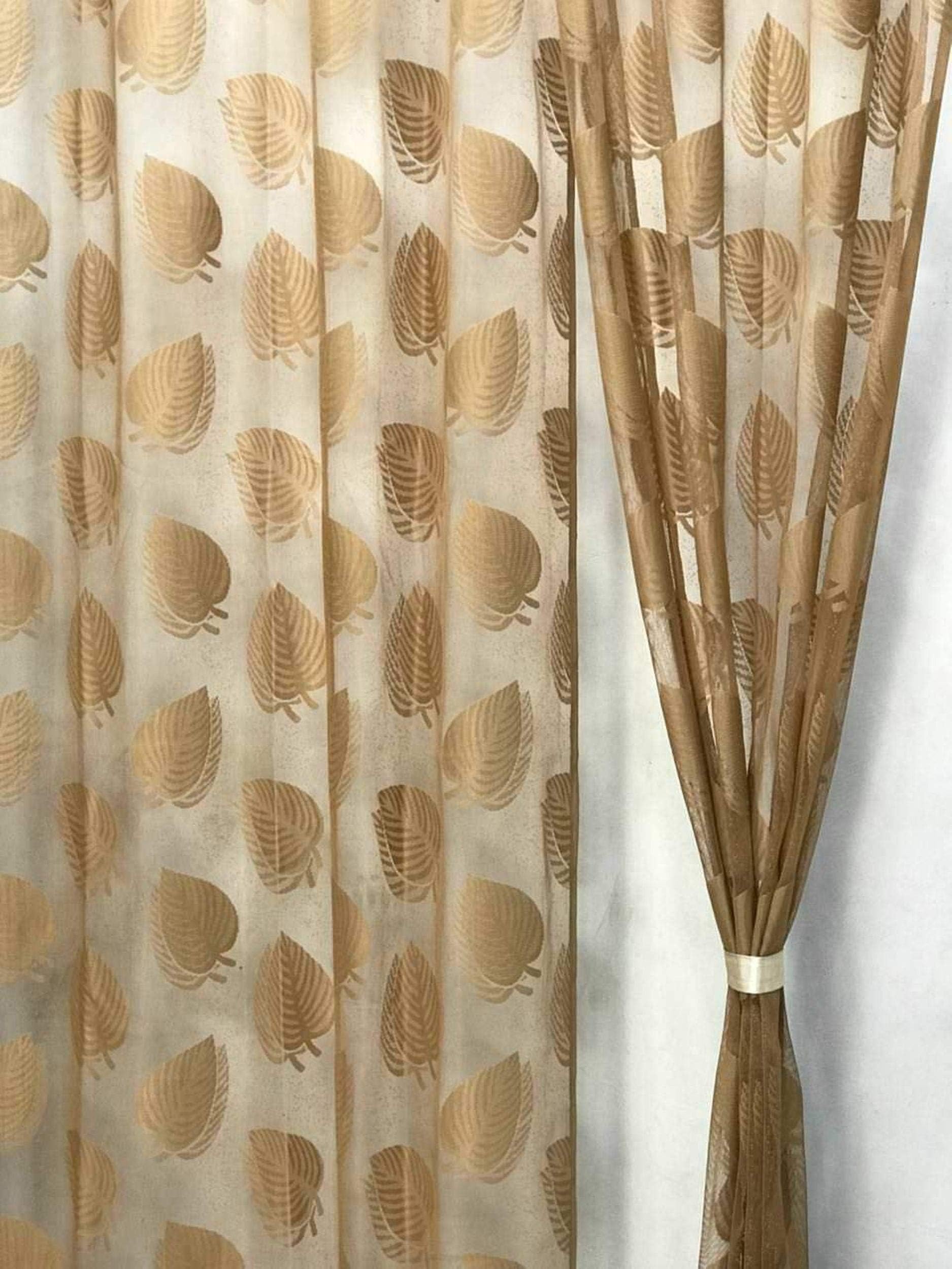 Galaxy Home Decor Polyester Leaf Printed Sheer Transparent Net Curtains for Door (7 Feet, Gold)