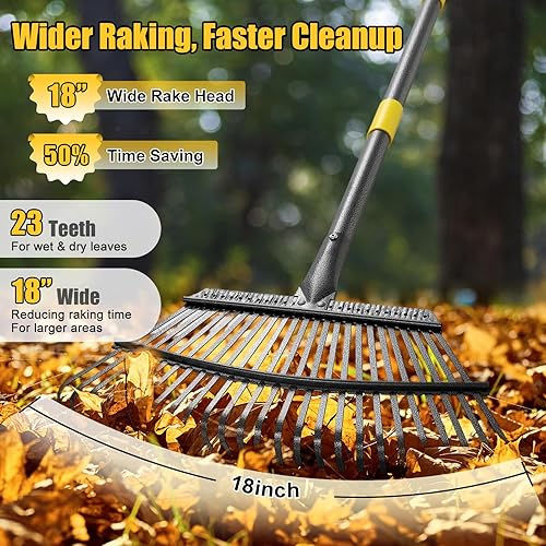 Miniatura 10 de Rastrillo de hojas de jardín de 73 pulgadas de largo, rastrillo pequeño resistente de 8.5 pulgadas de ancho para arbustos con 11 dientes de metal,