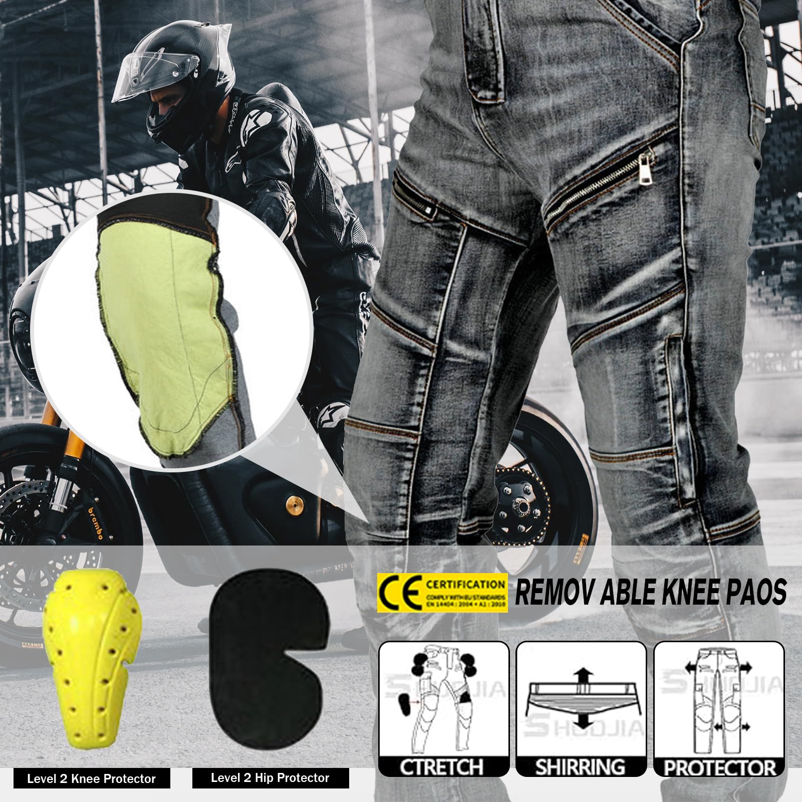 Pantaloni protettivi da Moto, Pantaloni Moto Uomo con Protezioni, Jeans da Moto da Uomo Realizzati in aramide Resistente all'Usura con 2 Paia di Protezioni Rimovibili