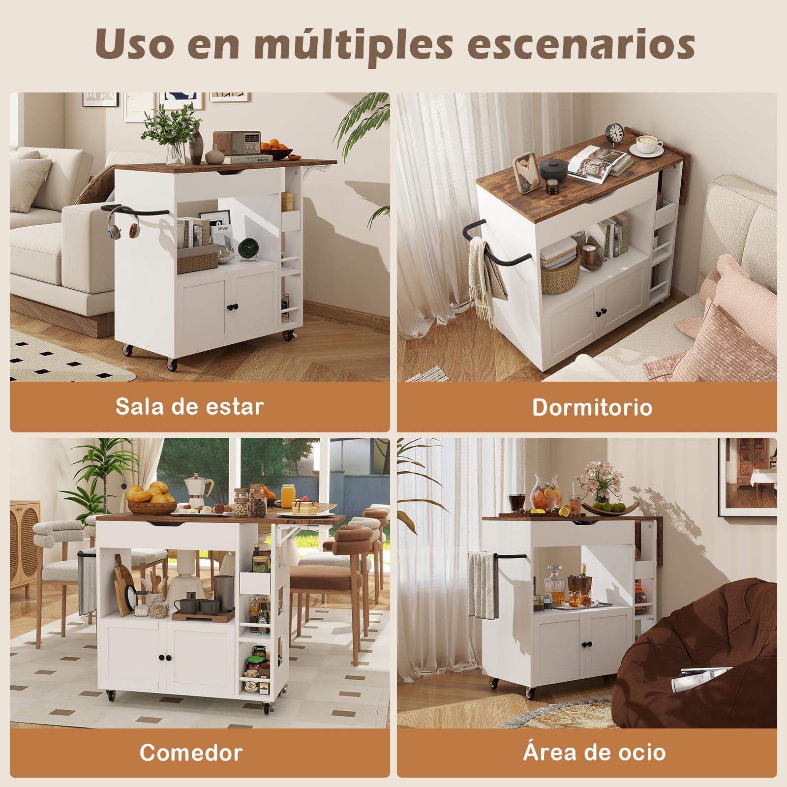 YU YUSING Isla de Cocina con Ruedas y Encimera Extensible, Carrito Cocina Compacto 104x40x89cm, Mueble Auxiliar de Cocina con 4 Estantes Abiertos, 2 Cajones, Puerta, Irador de Hierro, Cajón, Blanco