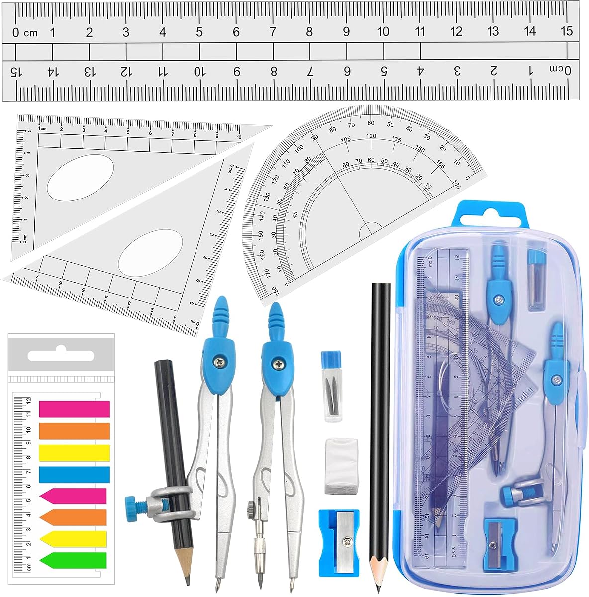 Math Compasses Back-to-School Starter Geometry Kit with 2 Drafting Compasses Protractor Set Squares Ruler and More for Students Maths Study Homework, Blue Set with Carry Case