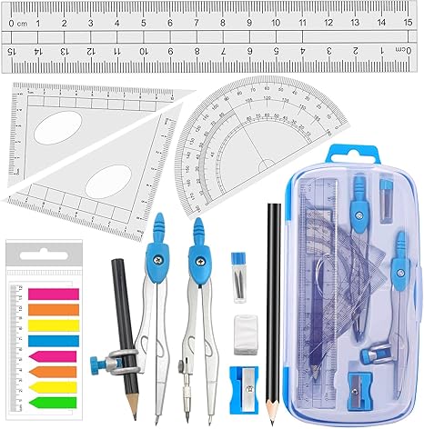 Akuoly Math Compasses Back-to-School Starter Geometry Kit with 2 Drafting Compasses Protractor Set Squares Ruler and More for Students Maths Study Homework, Blue Set with Carry Case