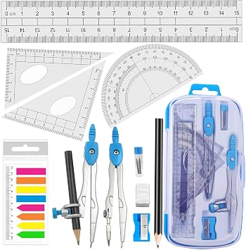 Akuoly Math Compasses Back-to-School Starter Geometry Kit with 2 Drafting Compasses Protractor Set Squares Ruler and More for Students Maths Study Homework, Blue Set with Carry Case
