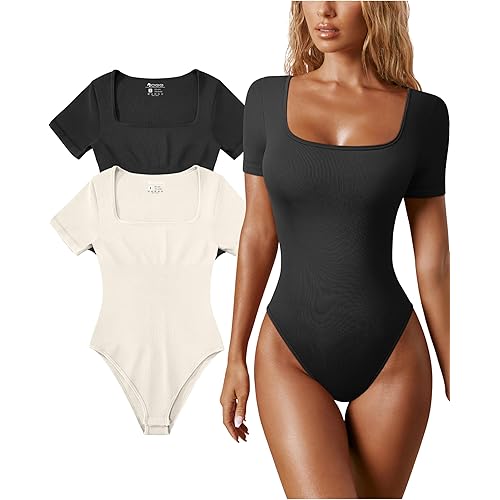 OQQ Women's 2 Piece Bodysuits Sexy Ribbed One Piece Square Neck Short Sleeve Bodysuits
