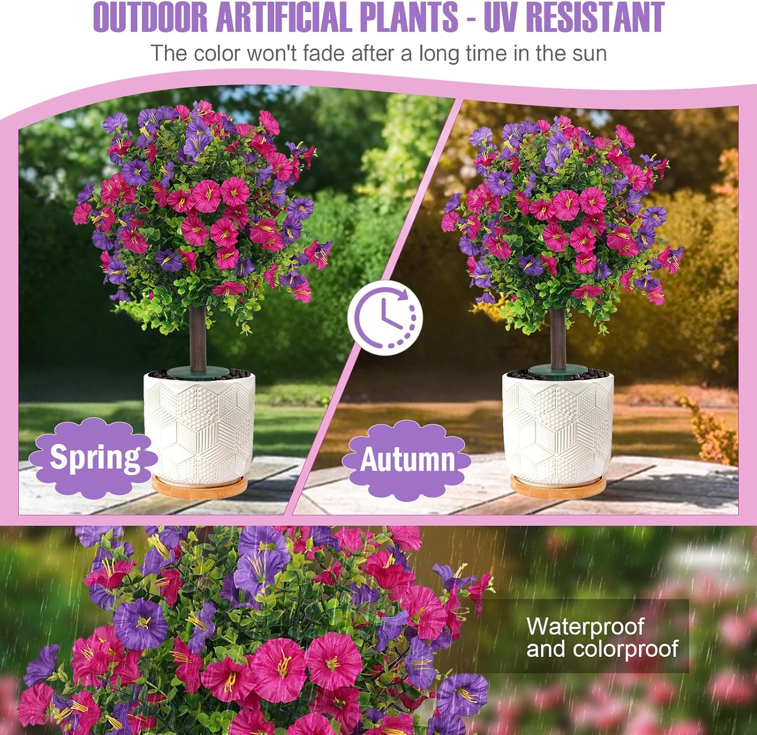 Set of 2 Artificial Shrubs for Outdoors UV Resistant Fake Bushes for Porch Balcony Patio Garden Yard Decor 17.7 Inches (Purple+Red)