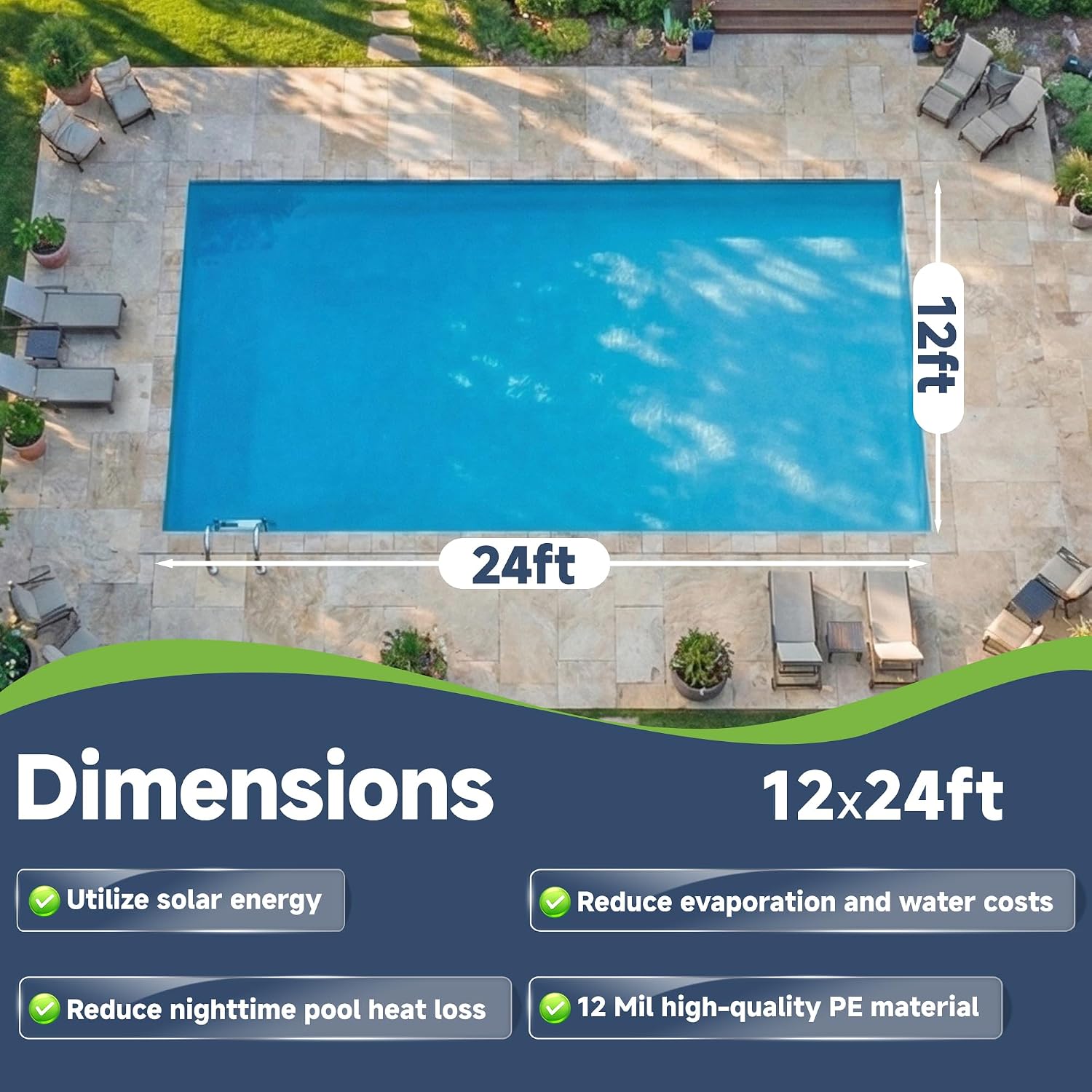 Real Relax Solar Pool Cover, 12 Mil Durable Solar Blanket for Inground & Above Ground Pools, 12x24 ft Rectangle Pool Heater Cover with Heat-Trapping Bubbles, Blue