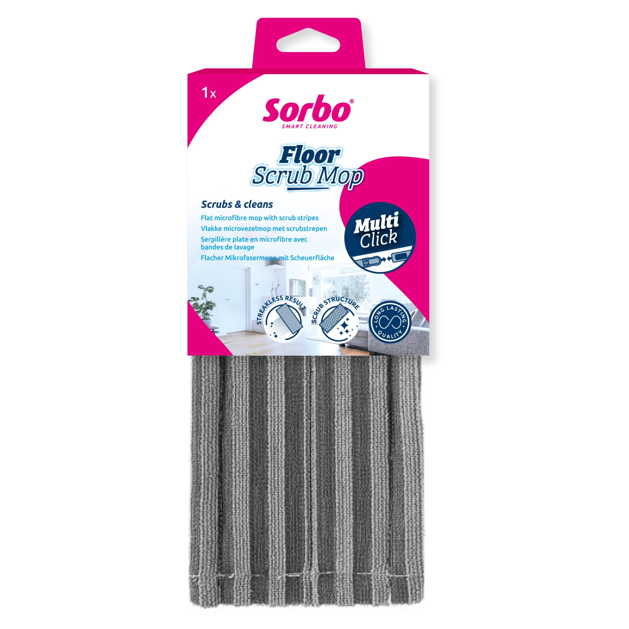 Sorbo Blue Floor Mop With Scrub Strips - Microfibre Dweil For Stubborn Dirt - Reusable, Machine Washable - Part Of The Multi-Click Line - No Detergent