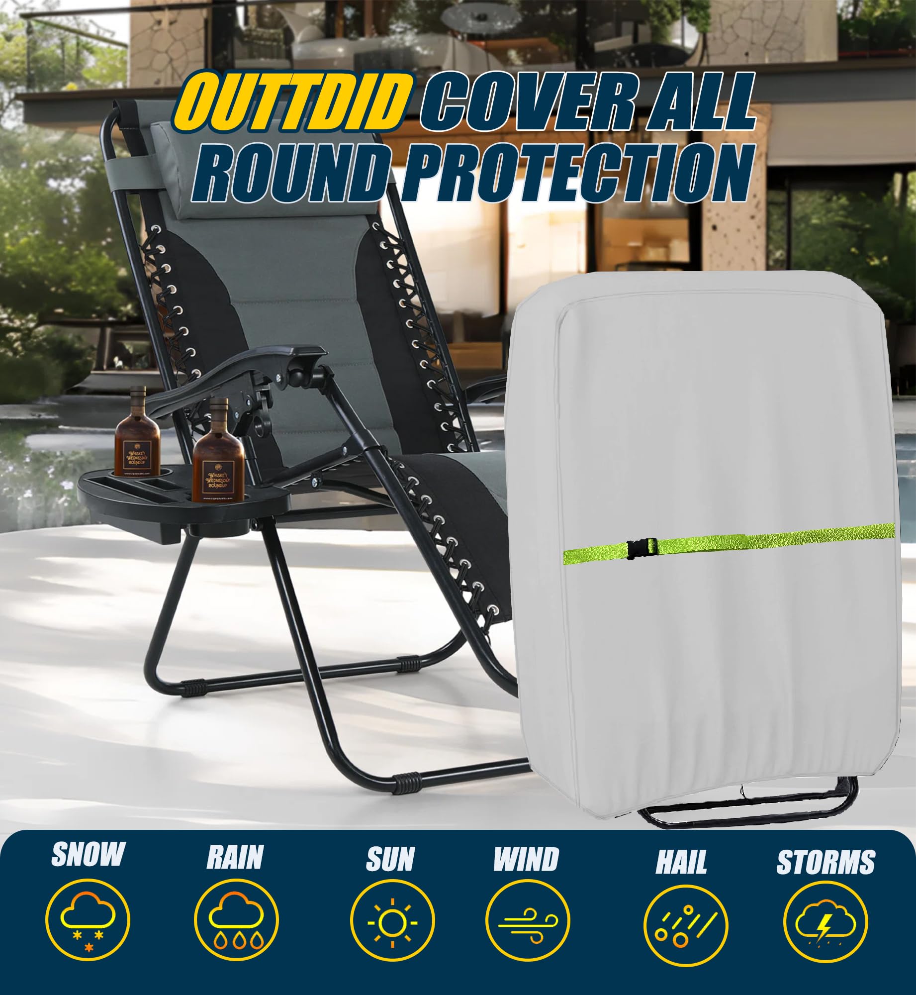 Copertura di protezione UV impermeabile per chaise longue pieghevole, 600D Oxford, 1 pezzo, 72Wx16Dx110Hcm