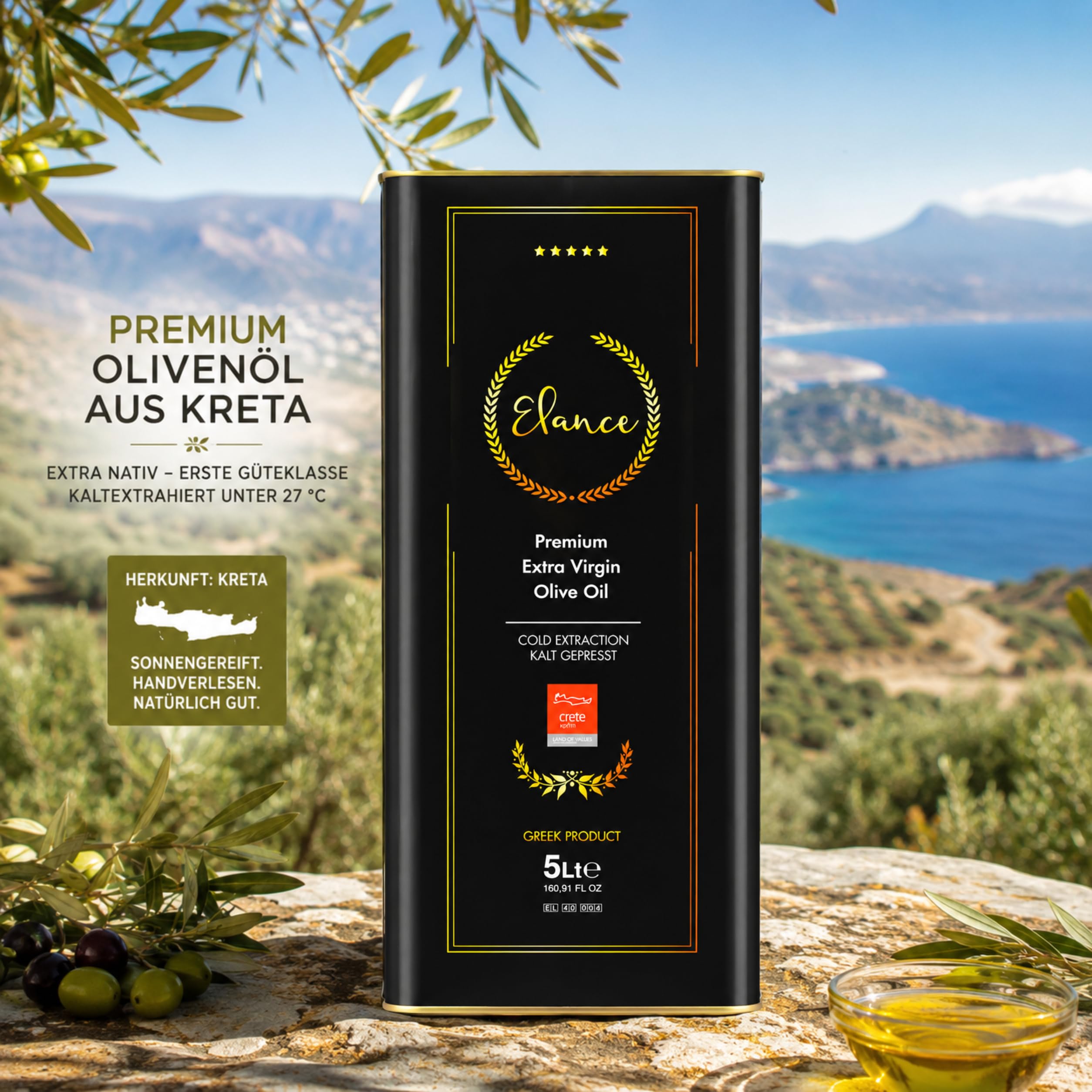 Elance Olivenöl 5 Liter Extra Nativ Premium - Neue Ernte - Direkt aus Kreta, Griechenland - Erste-Güteklasse - 100% Handverlesen | Kalt extrahiert