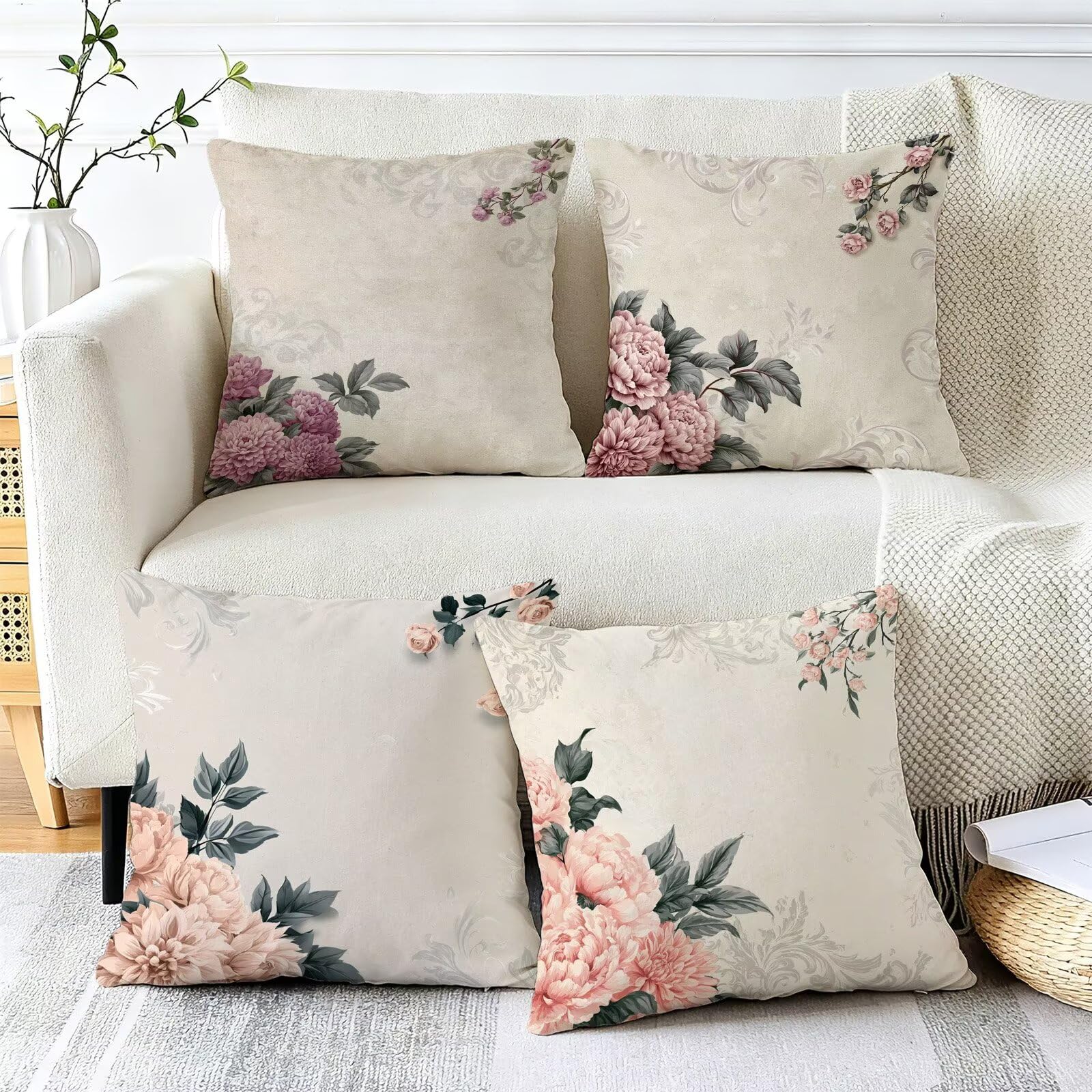 Coussin Exterieur Impermeable Rose, Taie Oreiller 60x60 Set de 4, Cod-3739