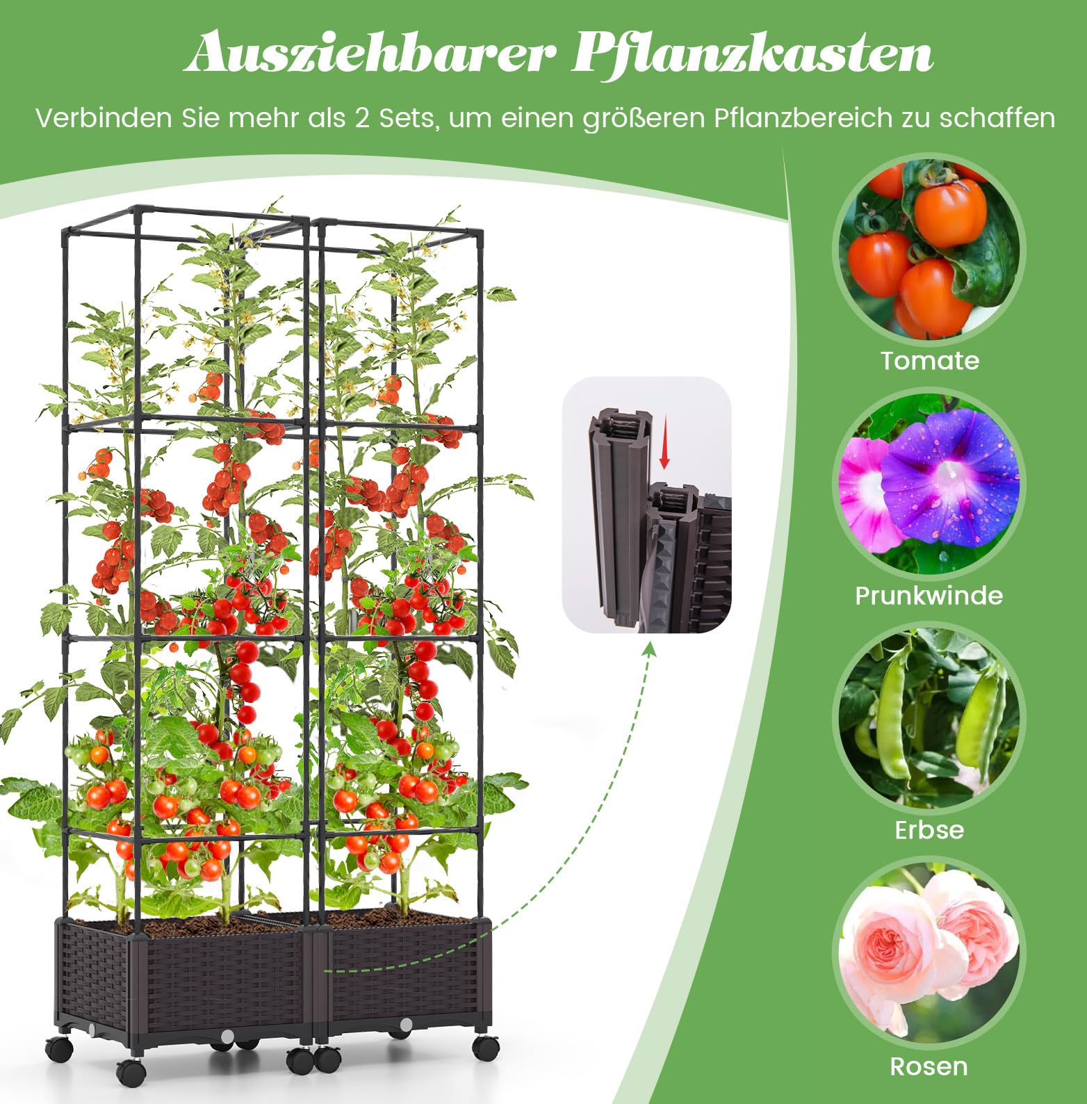 GOPLUS Rankhilfe mit Blumenkasten, Tomatentopf mit Spalier, Pflanzenturm mit 4 Verstellbarer Höhe & Wasserspeicher, Tomatenturm aus Metall & PP, Tomatenkäfig Pflanzkasten mit Rollen, 40 x 40 x 170 cm