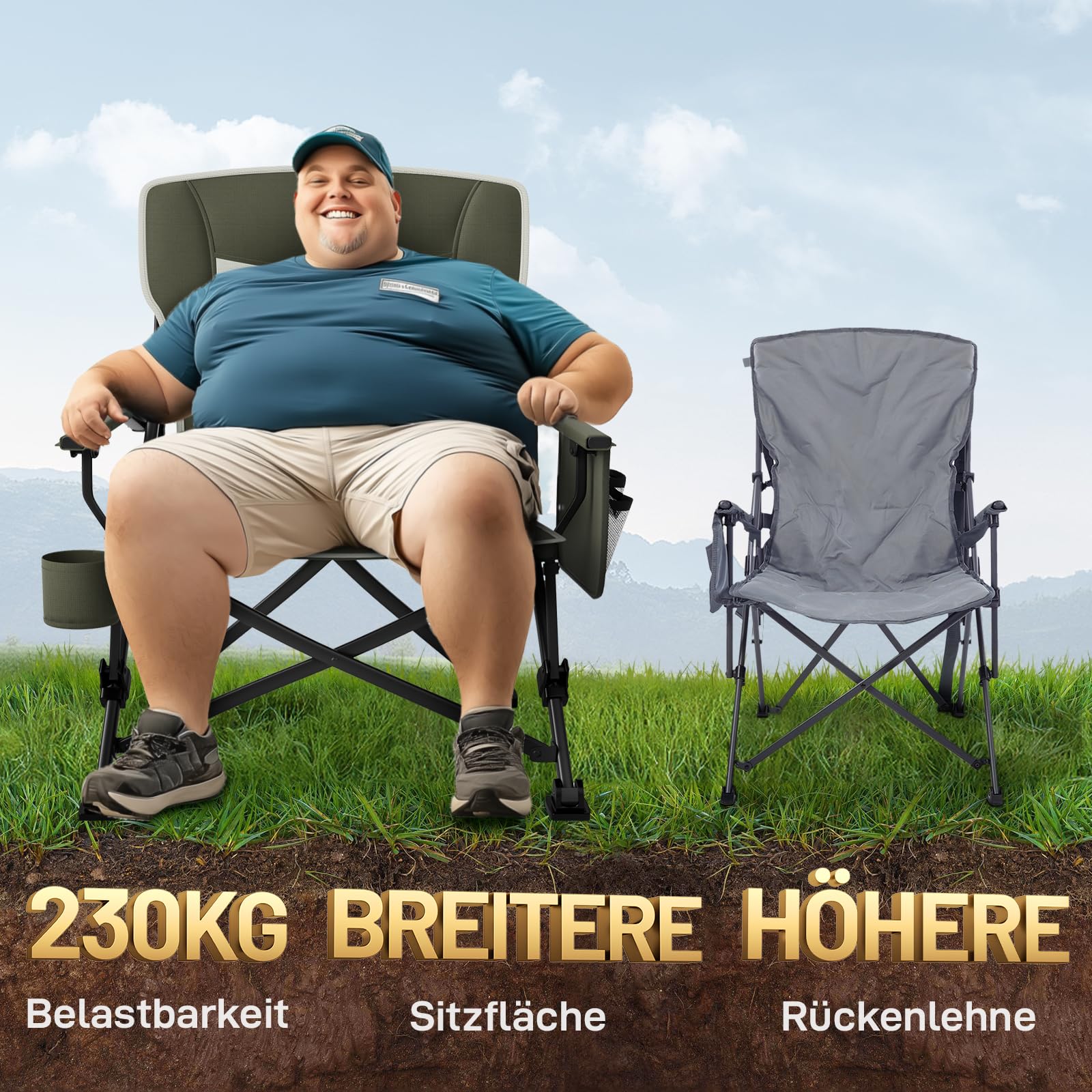 EVER ADVANCED Campingstuhl Faltbar 230KG Belastbar XL 62cm Sitzbreit