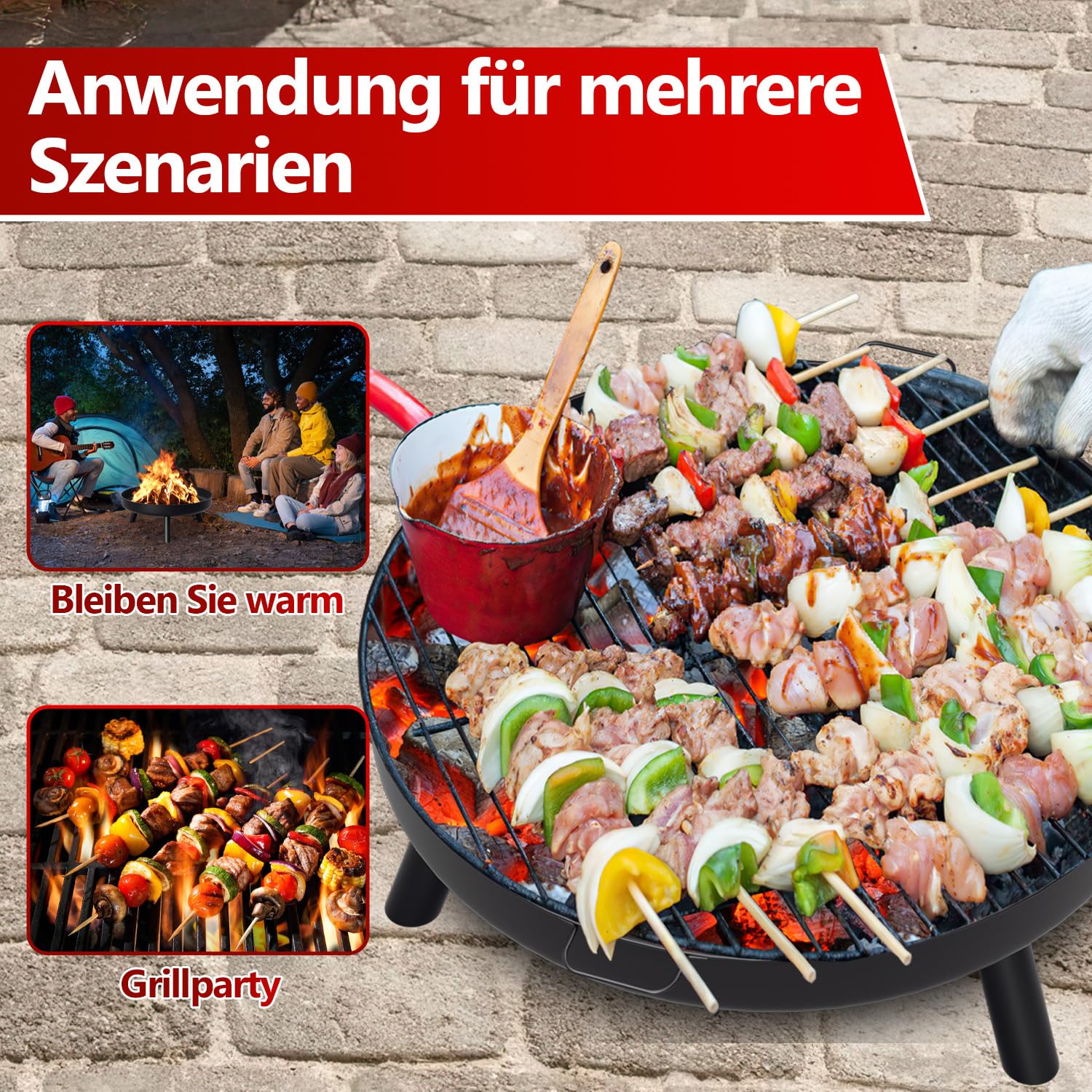 Feuerschale 80 cm, Feuerstelle Garten mit Griffen und Abnehmbaren Beinen,Feuerschale Edelstahl Tragbarkeit,Feuerkorb für Camping,Lagerfeuer