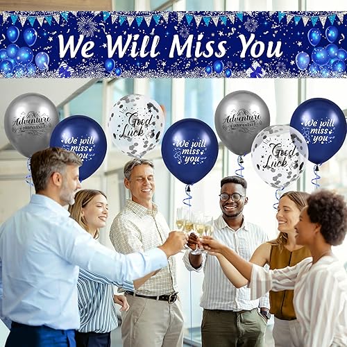 Miniatura 3 de Decoraciones de fiesta con texto en inglés We Will Miss You, color azul marino y plateado con texto en inglés We Will Miss You, 18 globos de buena