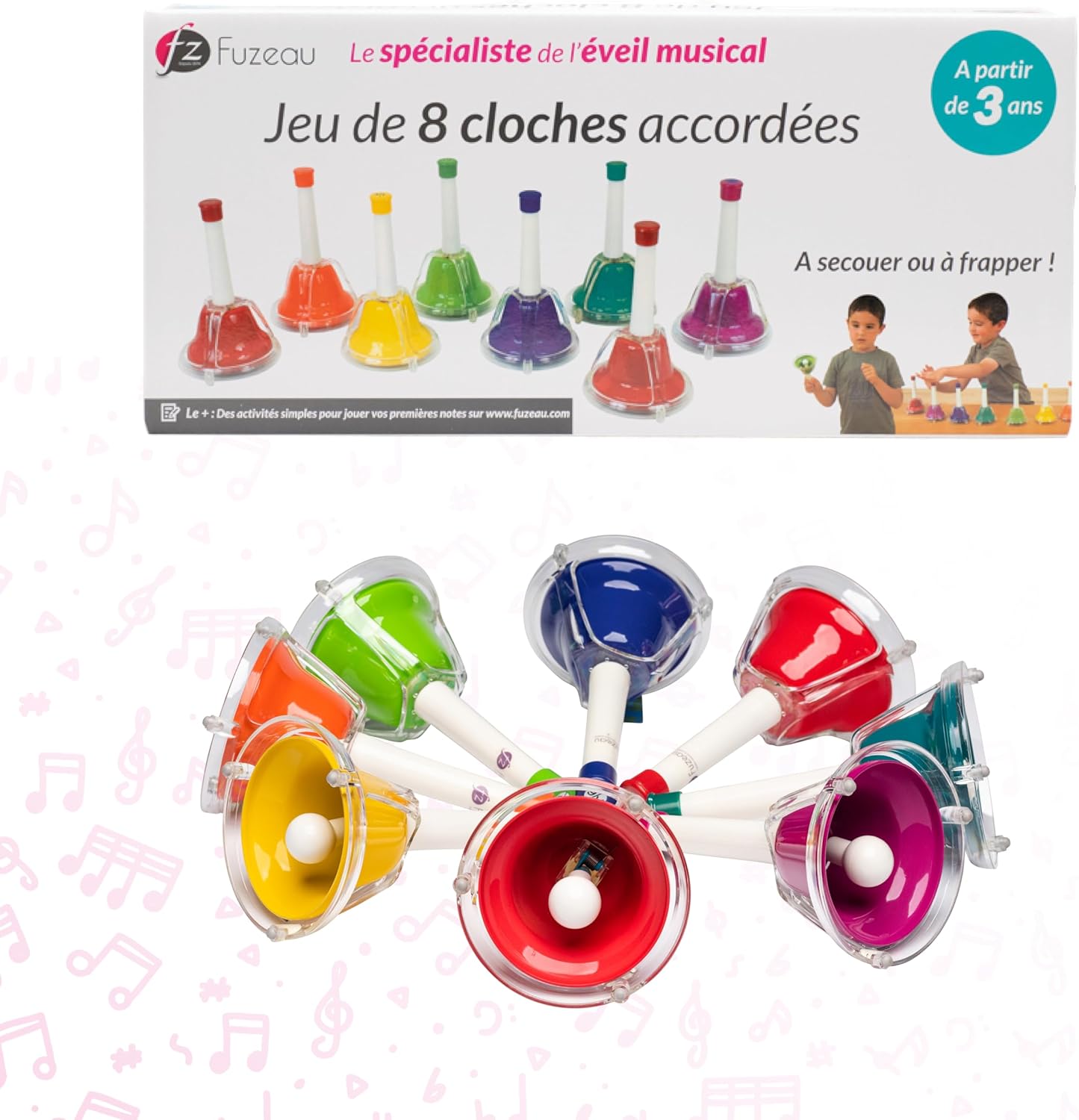 FUZEAU Diatonic Game of 8 Tuned Bells – Metal Bells with Plastic Handles – 1 Bell = 1 Note – Tuned to the Most Just – Ideal for Discovering Notes – From 3 Years
