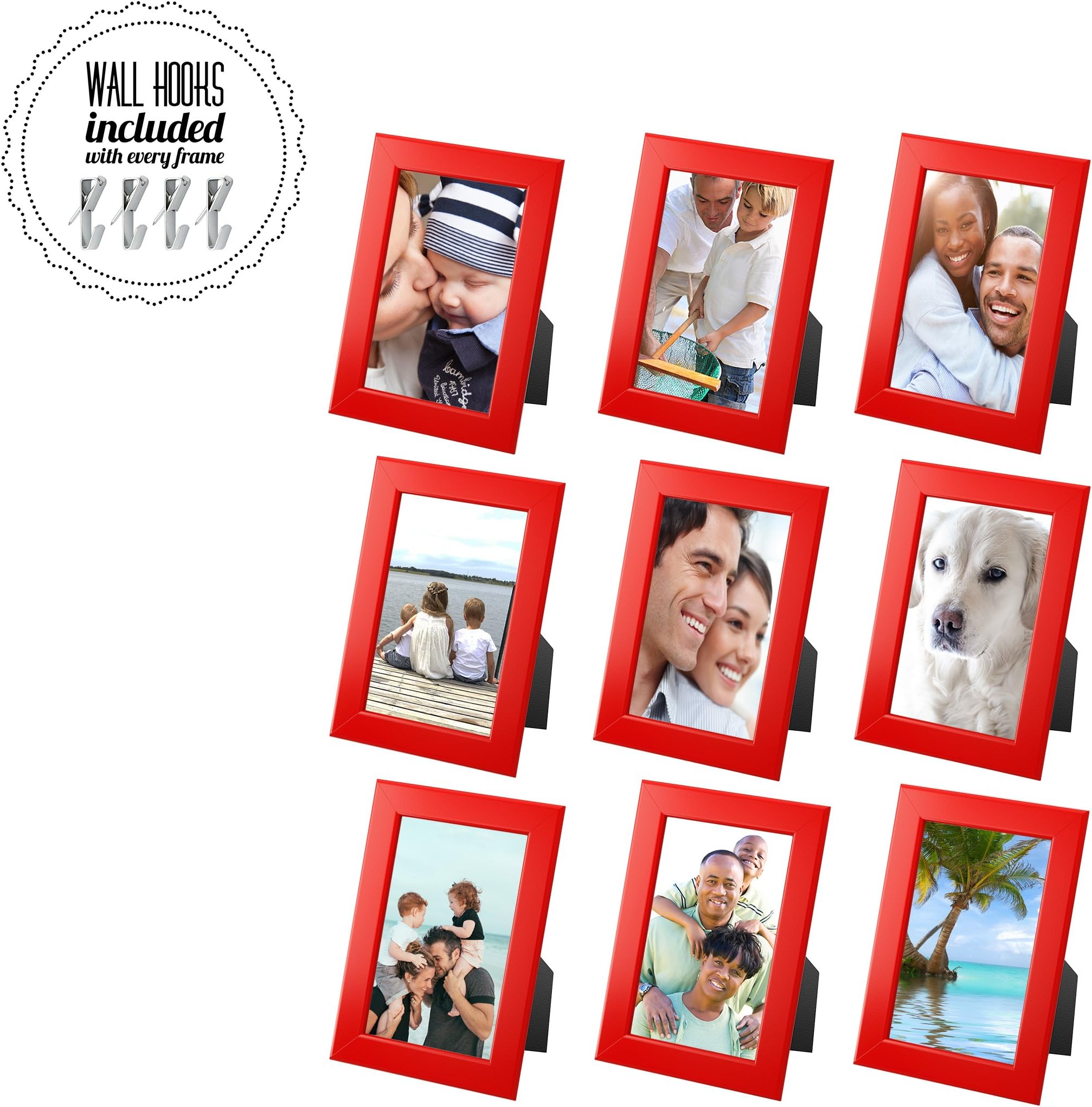 IKEA Family Picture Frame Photo Collage with Metal Hardware - 4 x 6 Picture Frames [A+++QBG Wall Hooks] | Set of 9 Photo Frames - for Wall or Desk - Collage of 9 - Red [9 Pack]
